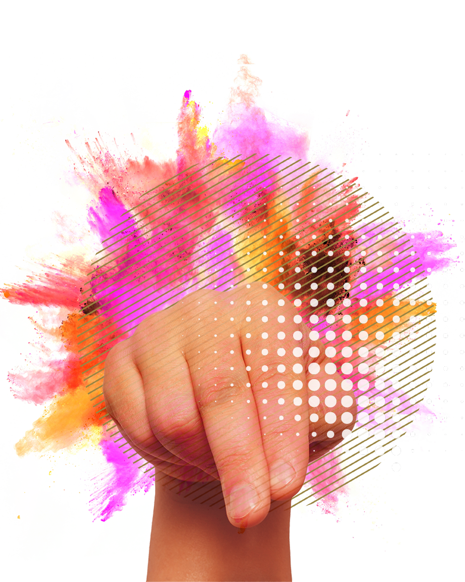 A mixed media graphic of a photographic hand with two fingers pointing down referencing the letter N in sign language with bright colours and shapes bursting behind it