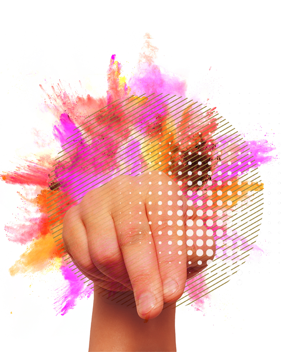 About_Hand_Explosion_1N_Trans_960px A mixed media graphic of a photographic hand with two fingers pointing down referencing the letter N in sign language with bright colours and shapes bursting behind it