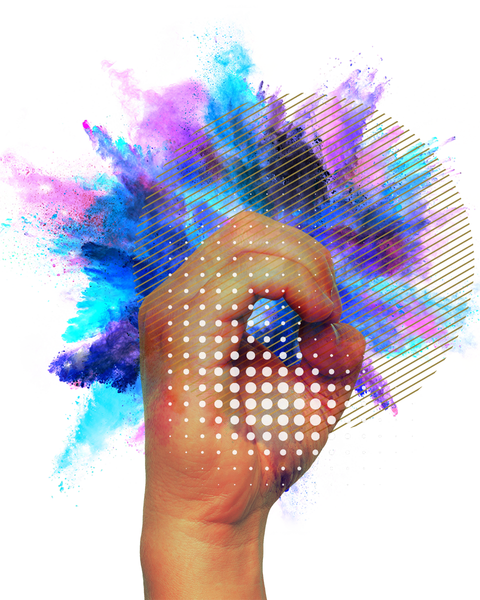 A mixed media graphic of a photographic hand with an open fist facing sideways referencing the letter O in sign language with blue and purple colours and shapes bursting behind it.