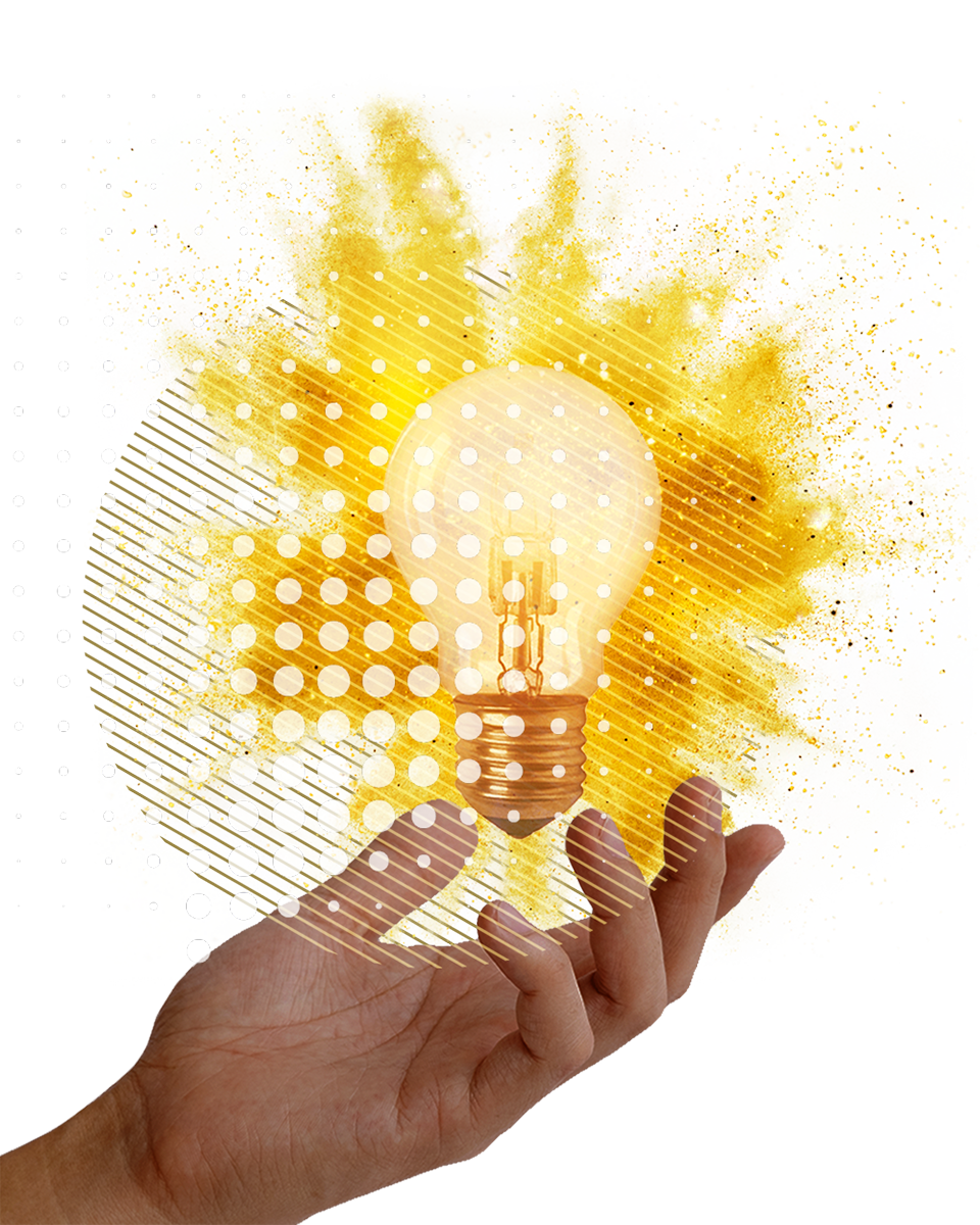A mixed media graphic of a photographic hand with a lightbulb with yellow toned colours and shapes bursting behind it