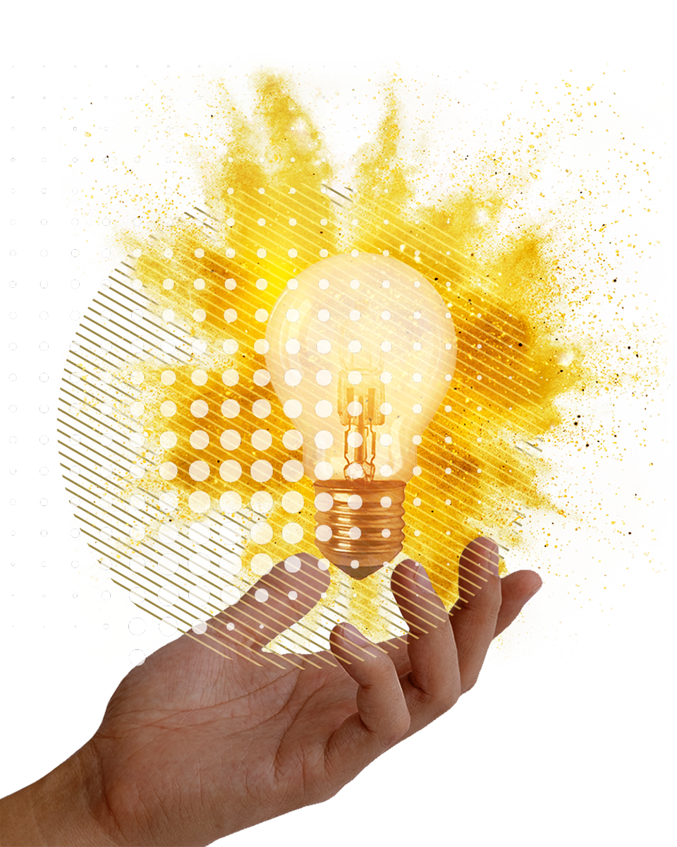Landing_Lightbulb_Explosion_960px A mixed media graphic of a photographic hand with a lightbulb with yellow toned colours and shapes bursting behind it