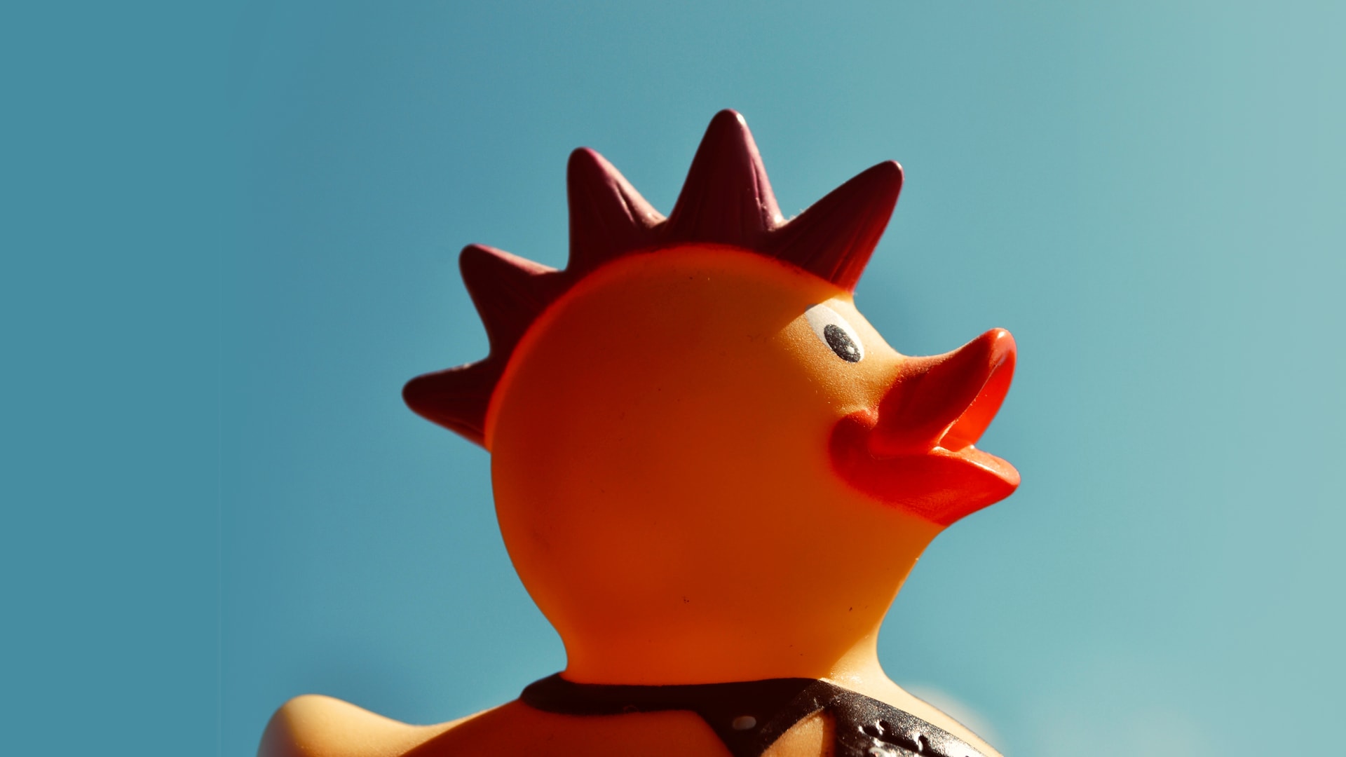 A hero image of a photo of a yellow rubber duck with a red mohican on a blue background for a NEO insight article
