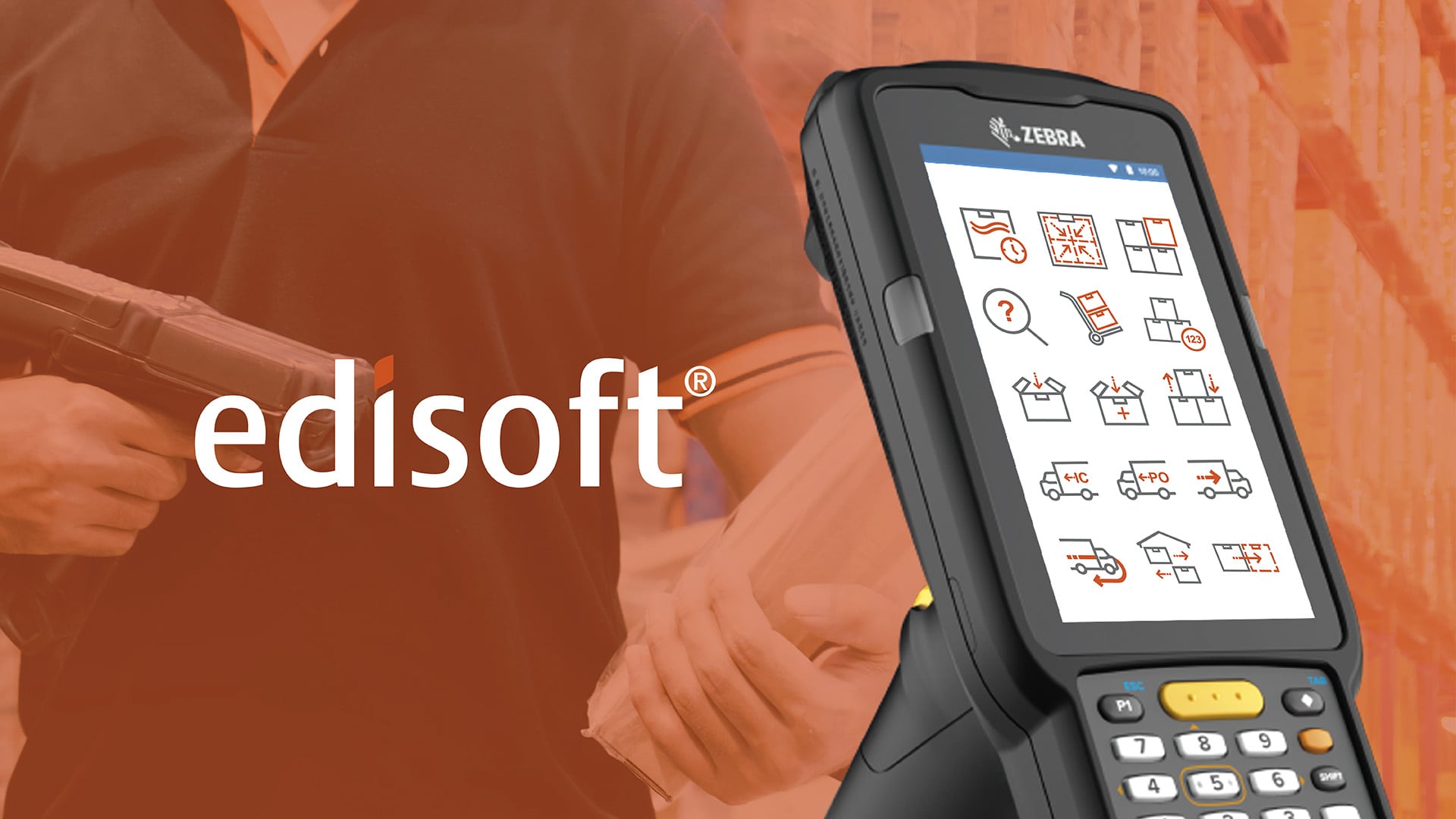 An image of a scanning device displaying the Edisoft Logo and Supply Chain Solutions Warehouse Scanner Icons
