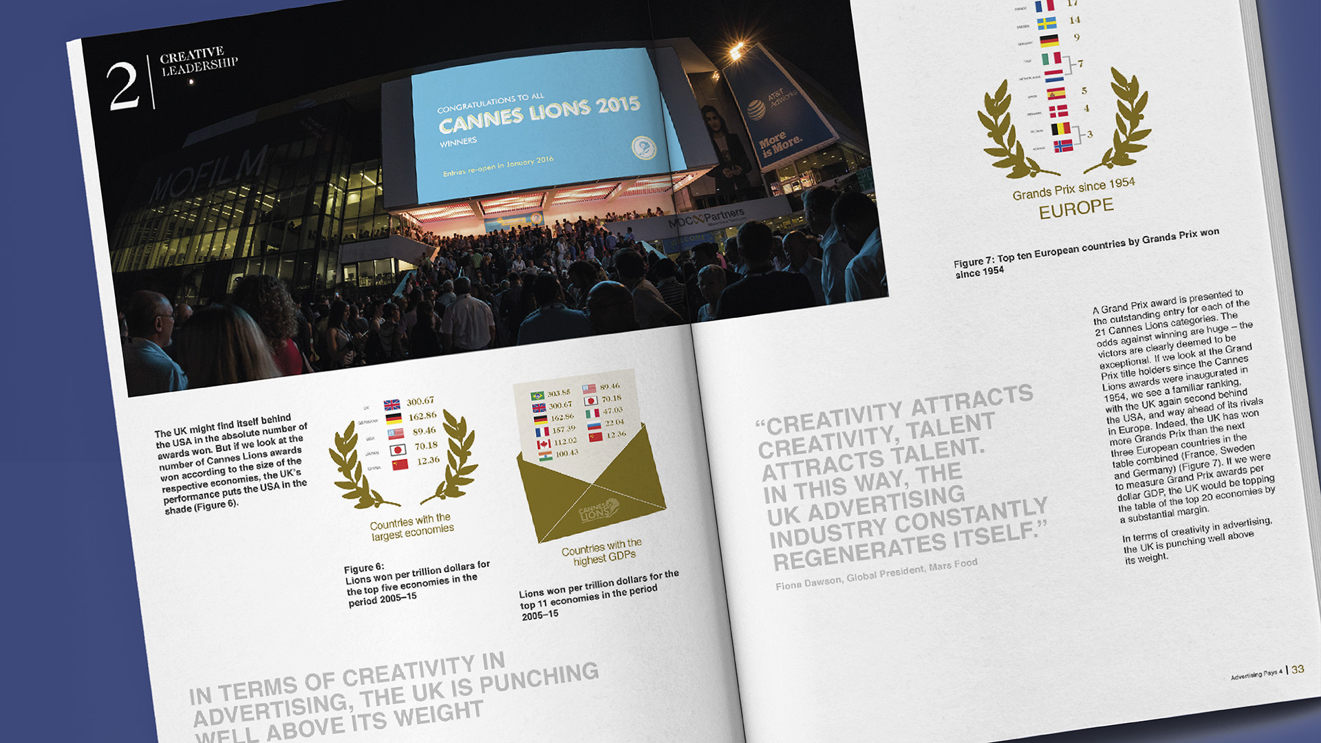 An open page of a brochure displaying the Advertising Association Ad Pays Report Cannes Lions Feature
