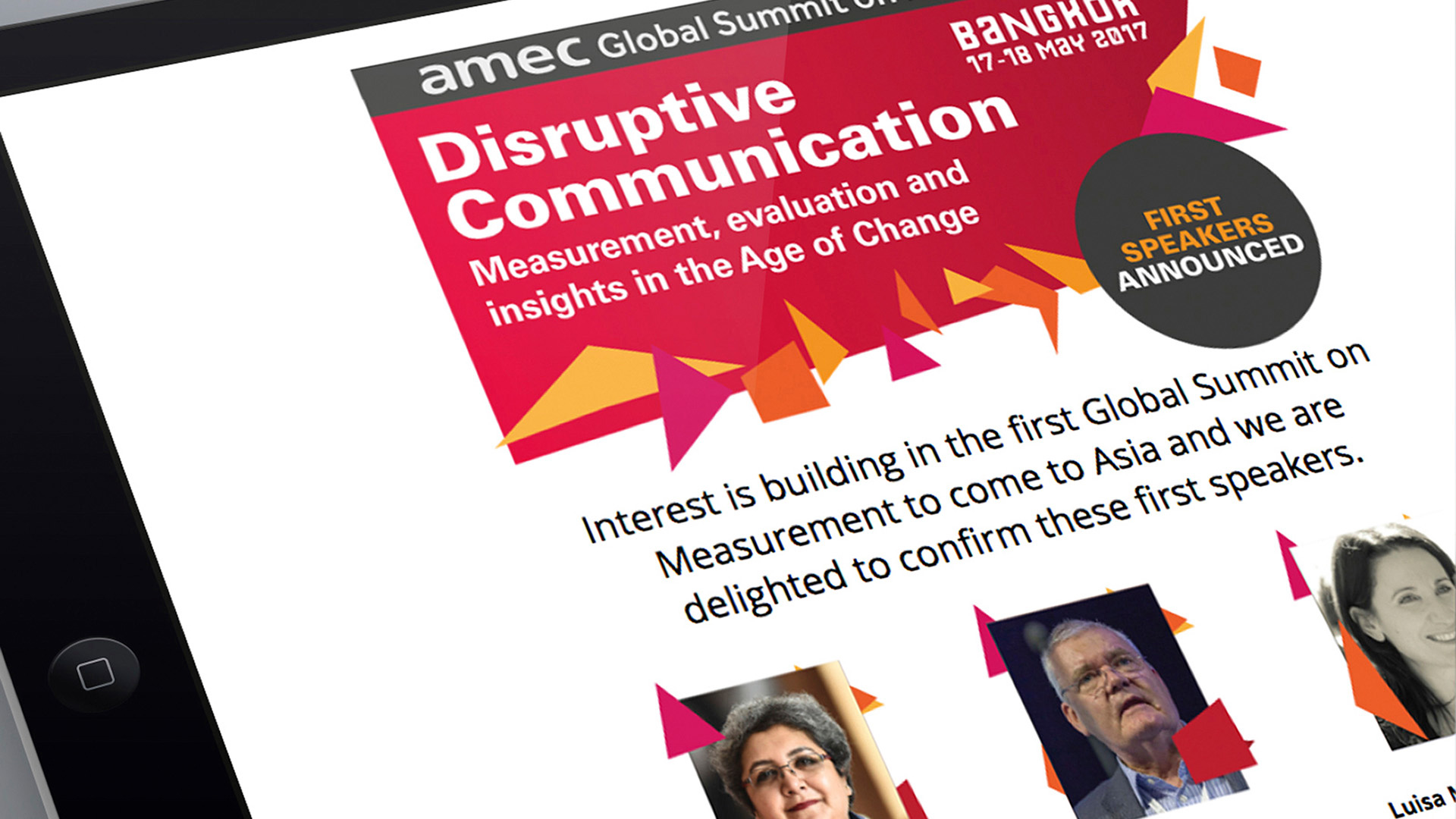 An electronic tablet displaying the Association for the Measurement and Evaluation of Communication AMEC Global Summit Asia Speaker Announcement graphic.