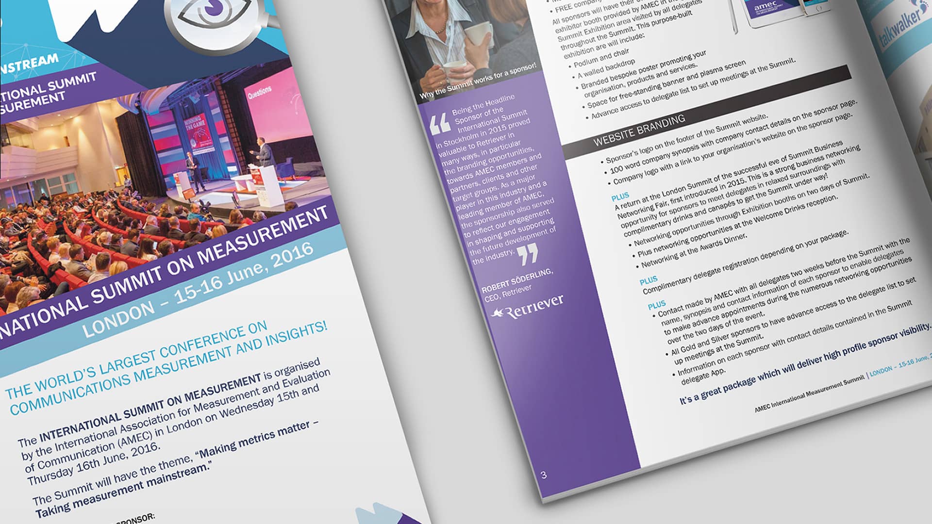 A close-up display of a media pack for the Association for the Measurement and Evaluation of Communication AMEC Global Summit London