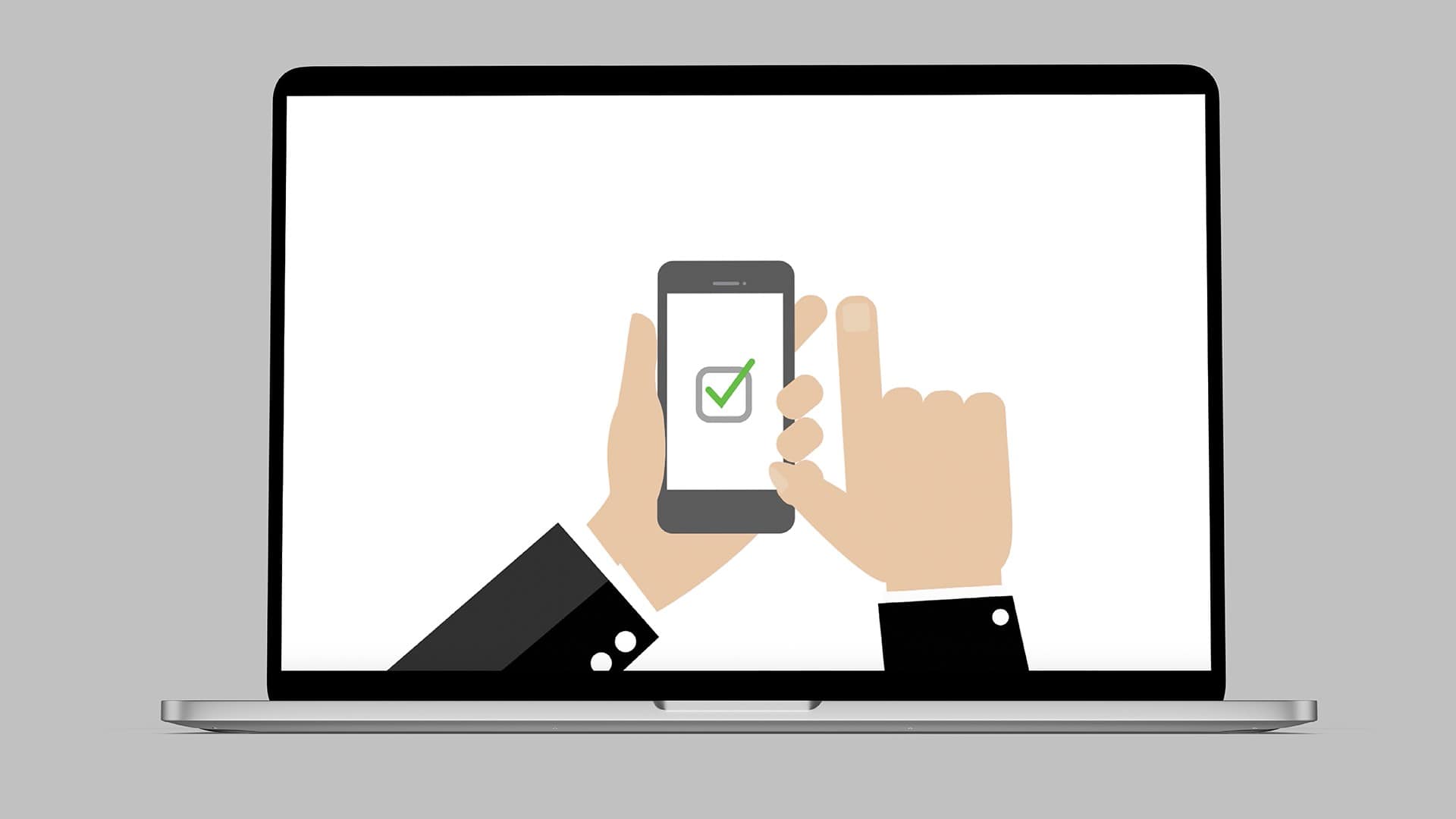 A laptop displaying the C-suite Pitch Pilot Brand Hands Ticking Box on Mobile Device Illustration
