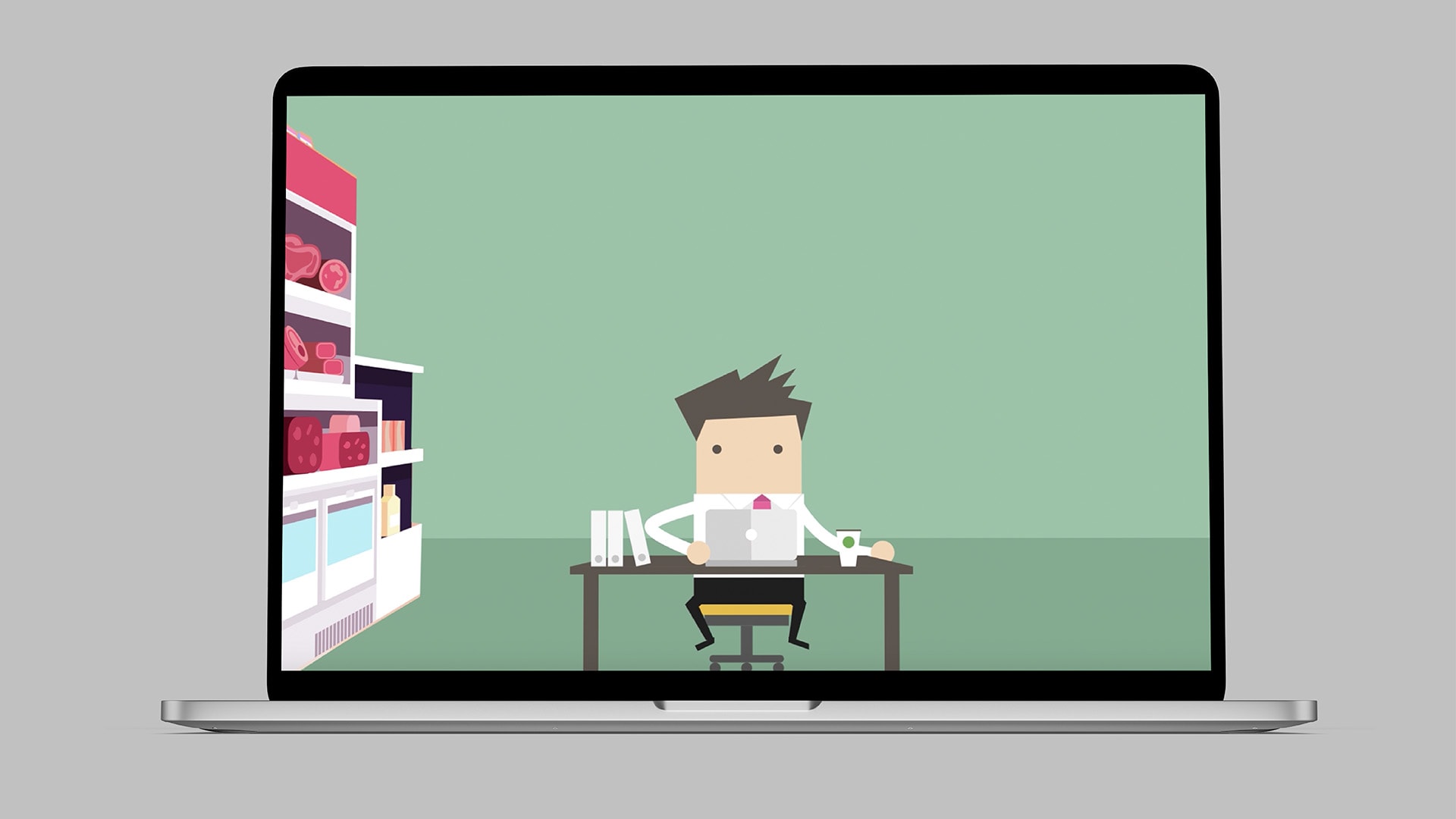 A laptop displaying the C-suite Pitch Pilot Brand Video Character Illustration showing a man sitting at a desk