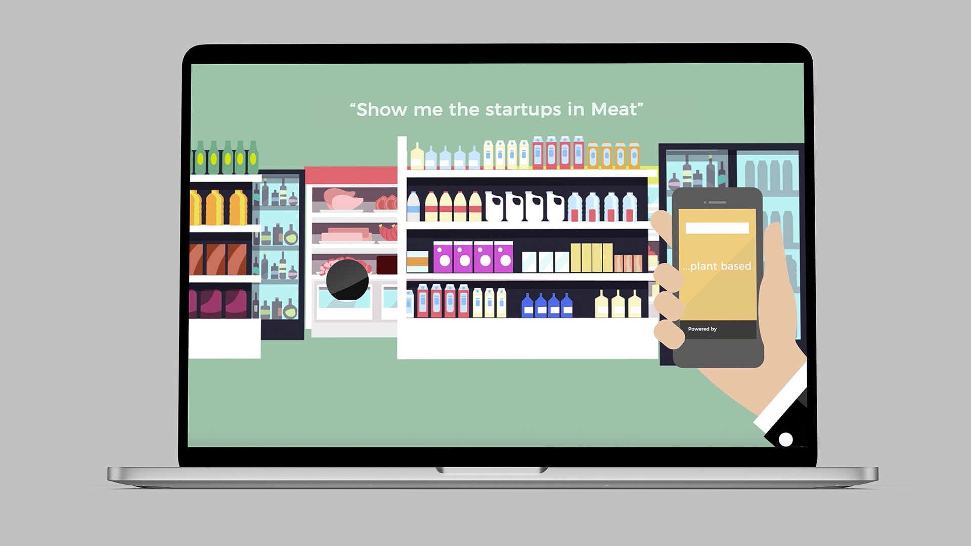 A laptop displaying the C-suite Pitch Pilot Brand Video Illustration showing a hand holding a mobile phone in a Supermarket with food and drinks on shelves.