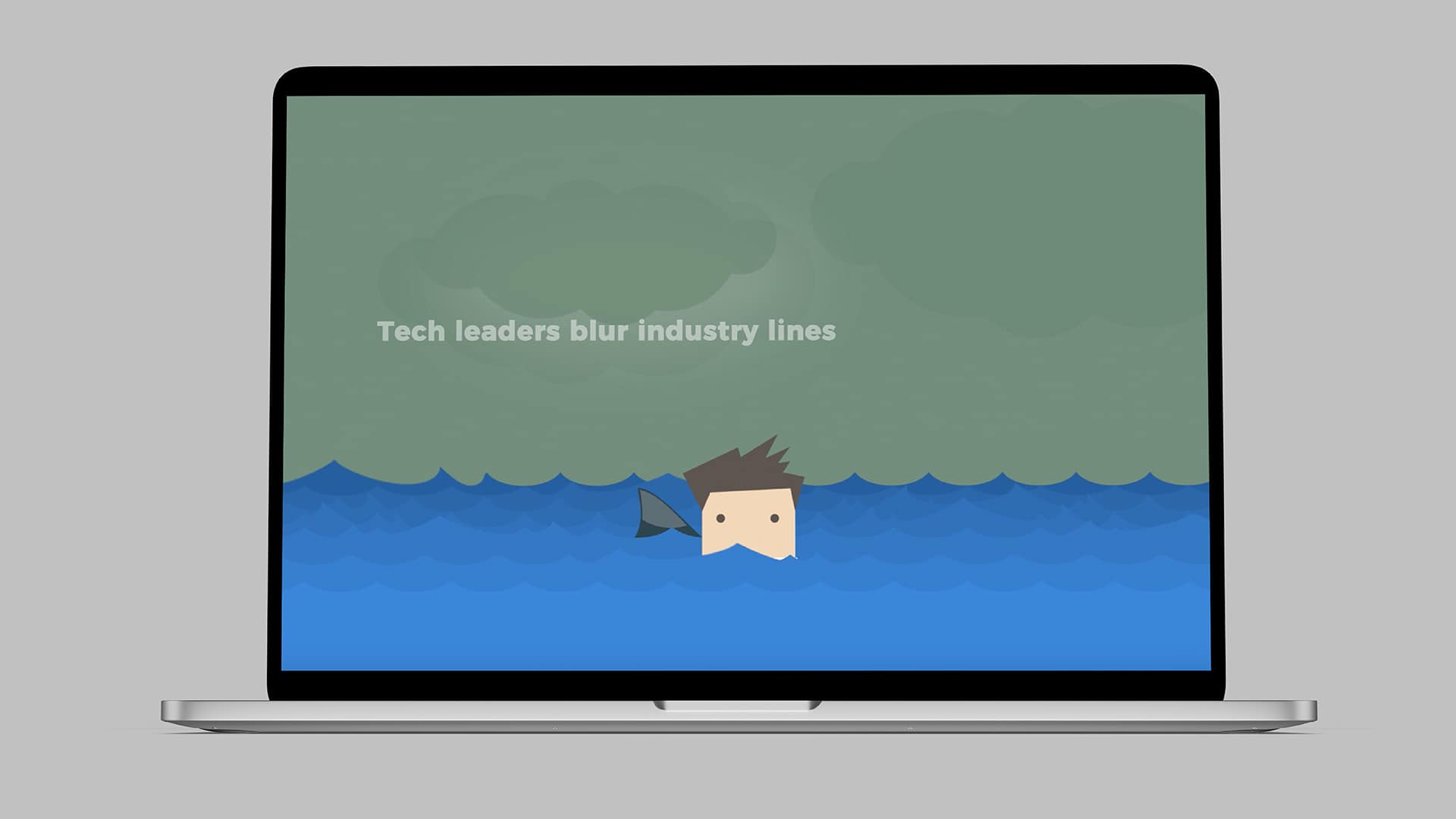 A laptop displaying the C-suite Pitch Pilot Brand Video Illustration showing a man in a blue ocean with a shark circling.