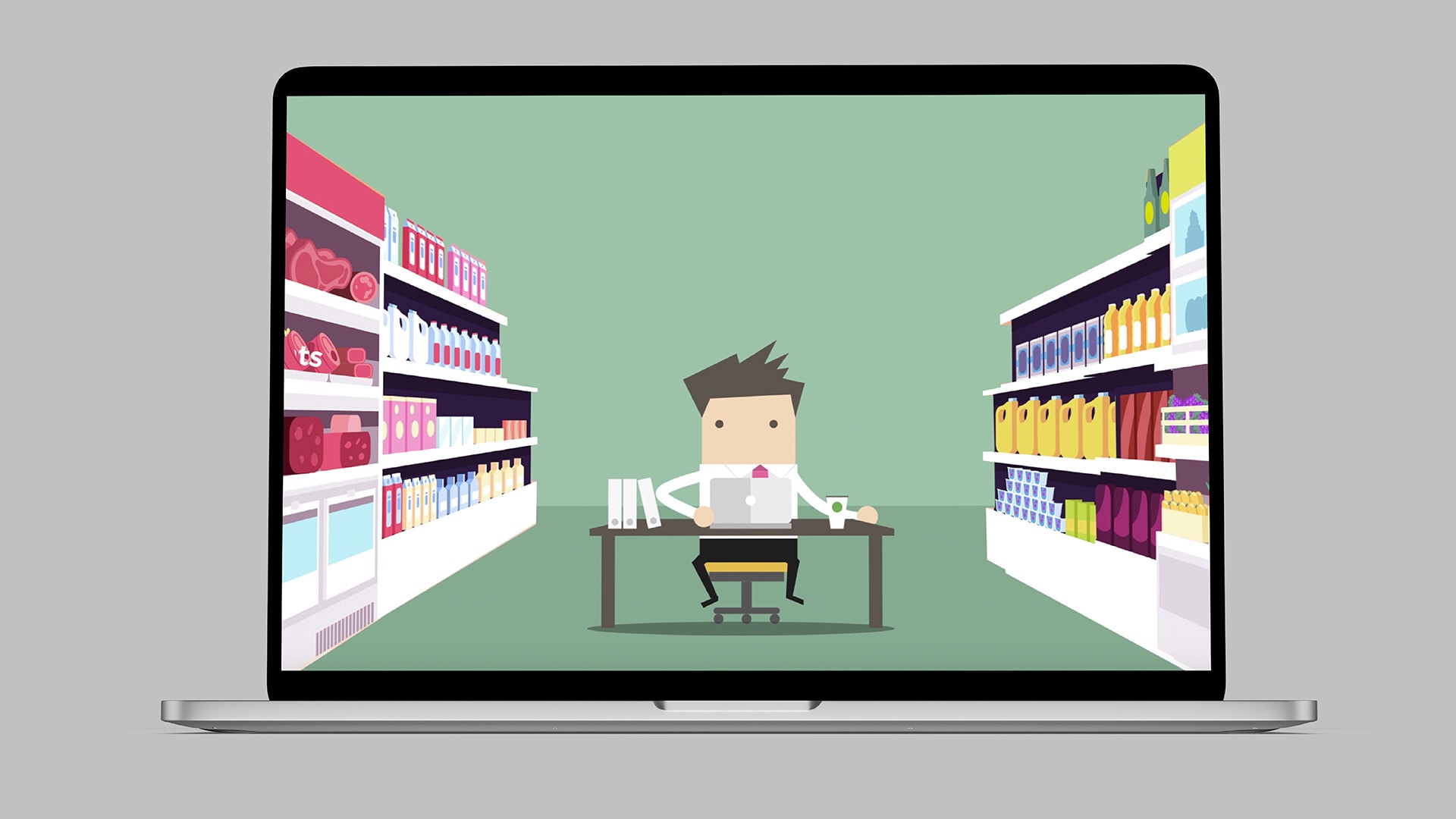 A laptop displaying the C-suite Pitch Pilot Brand Video Illustration showing a man sitting at a desk in a supermarket aisle