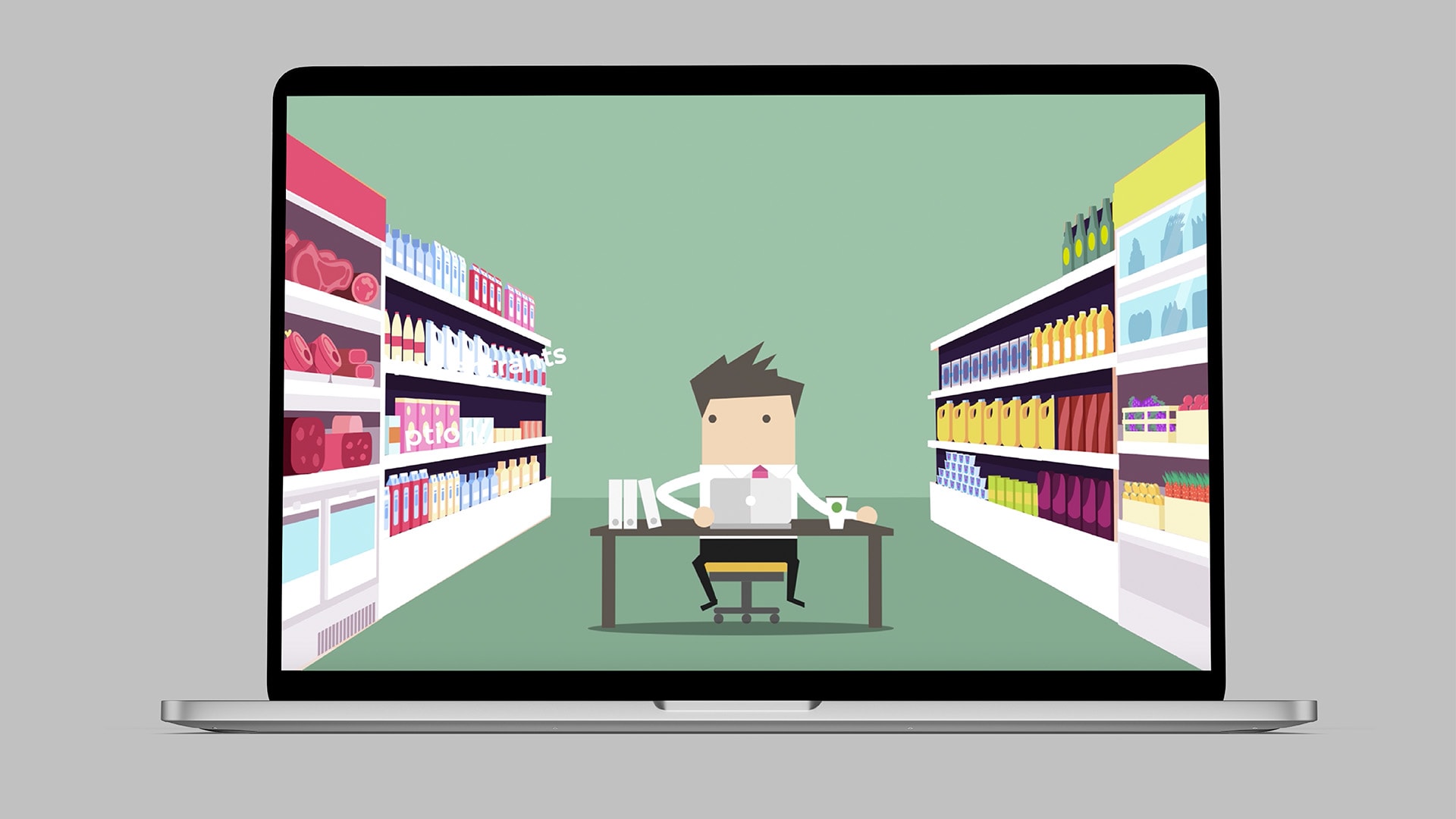 A laptop displaying the C-suite Pitch Pilot Brand Video Illustration showing a man sitting at a desk and looking to the right, in a supermarket aisle