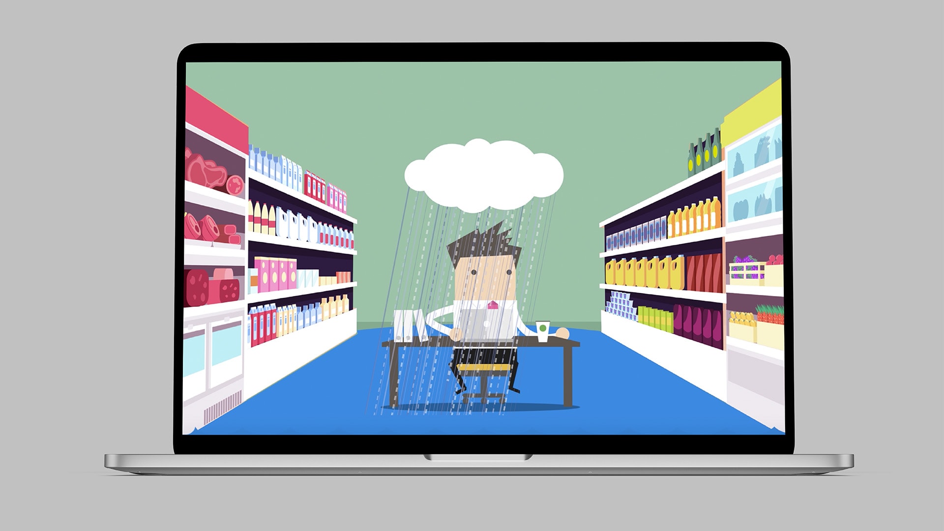 A laptop displaying the C-suite Pitch Pilot Brand Video Illustration showing a man sitting at a desk in a supermarket aisle with a rain cloud above his head and the floor flooding with water