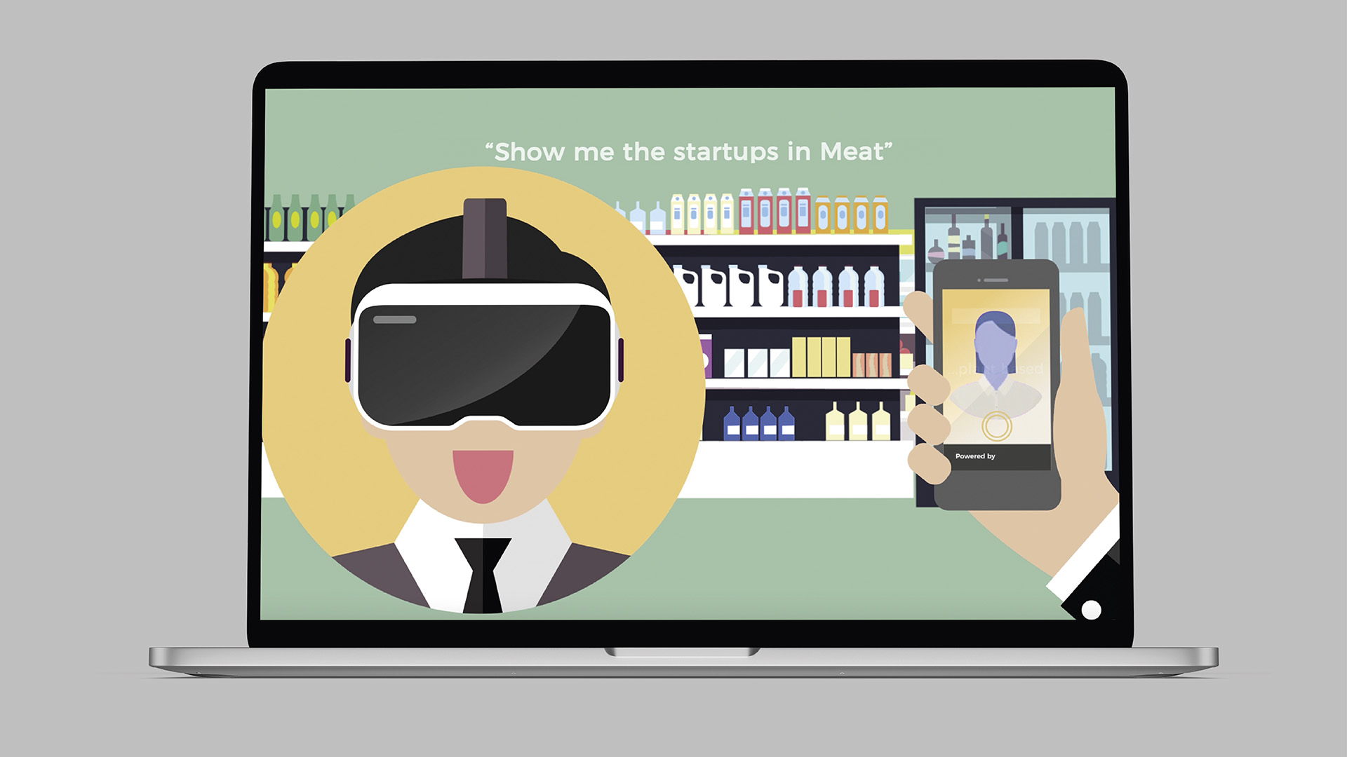 A laptop displaying the C-suite Pitch Pilot Brand Video VR Headset Illustration with a man wearing a virtual reality headset.