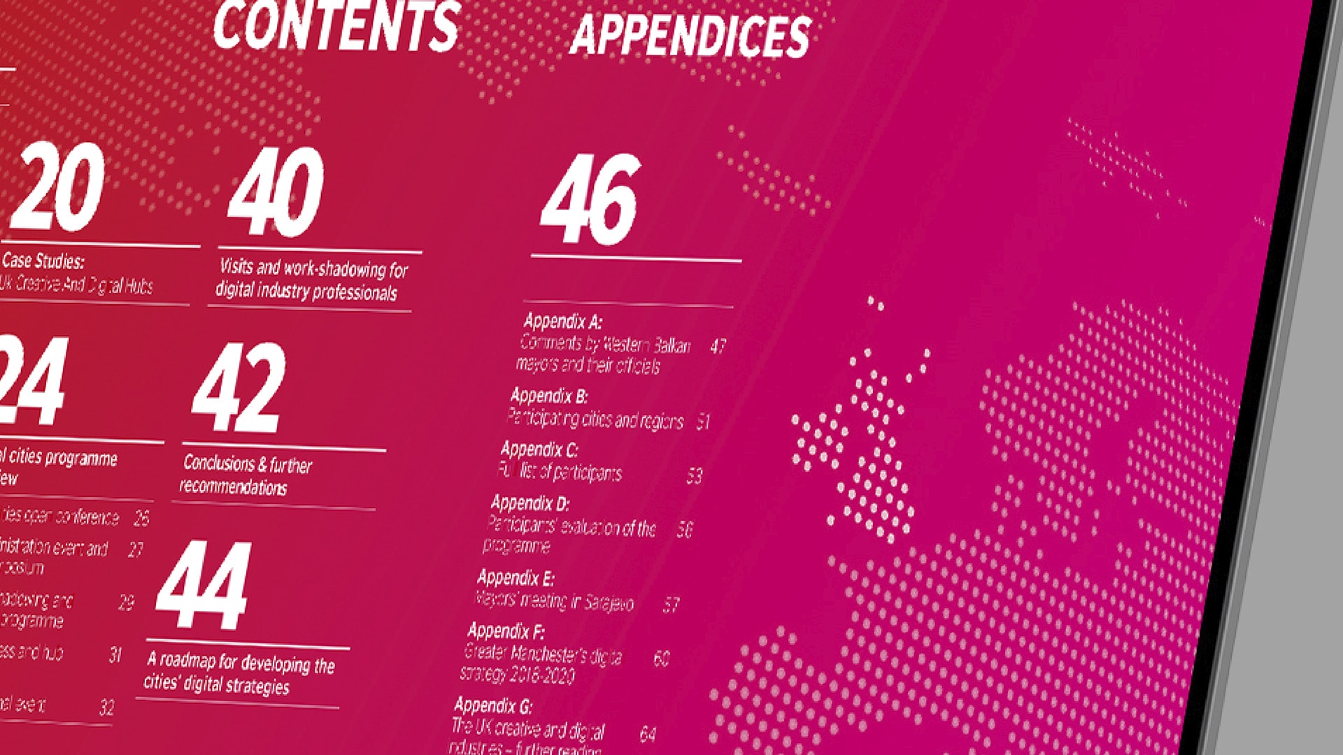 A close-up section of an electronic tablet displaying the Creative England Digital Cities Report Contents Page