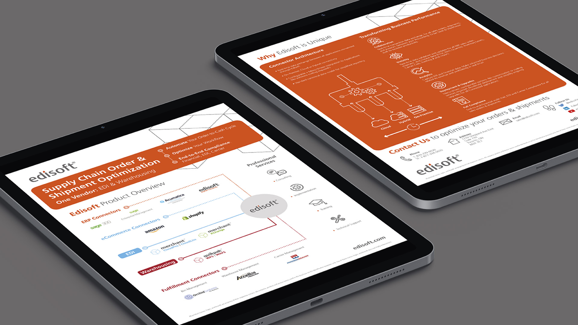 Two electronic tablets side by side displaying the Edisoft Supply Chain Solutions Digital Flyer