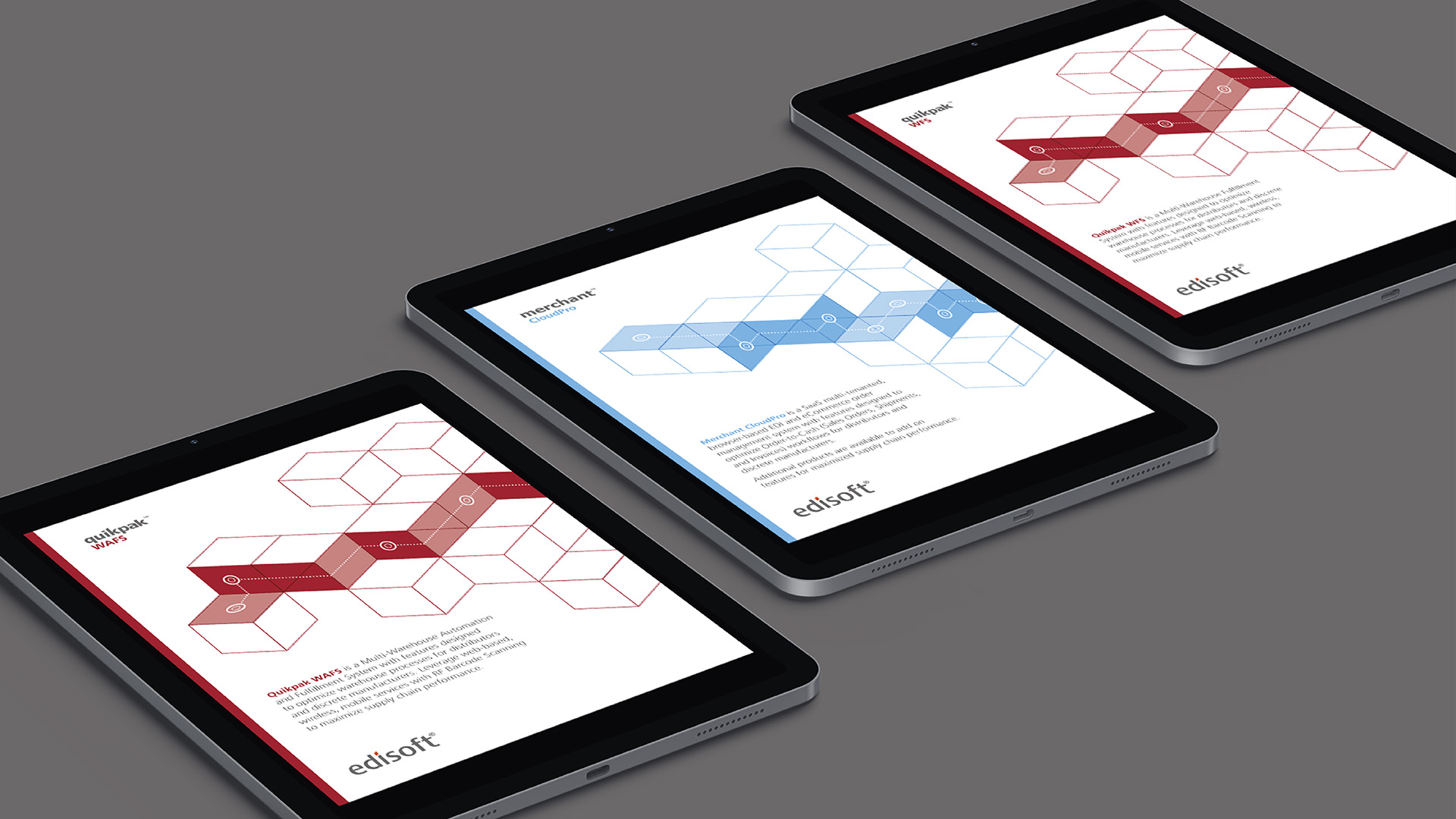 Three electronic tablets on a grey surface, displaying sections of the Edisoft Supply Chain Solutions Product Brochures