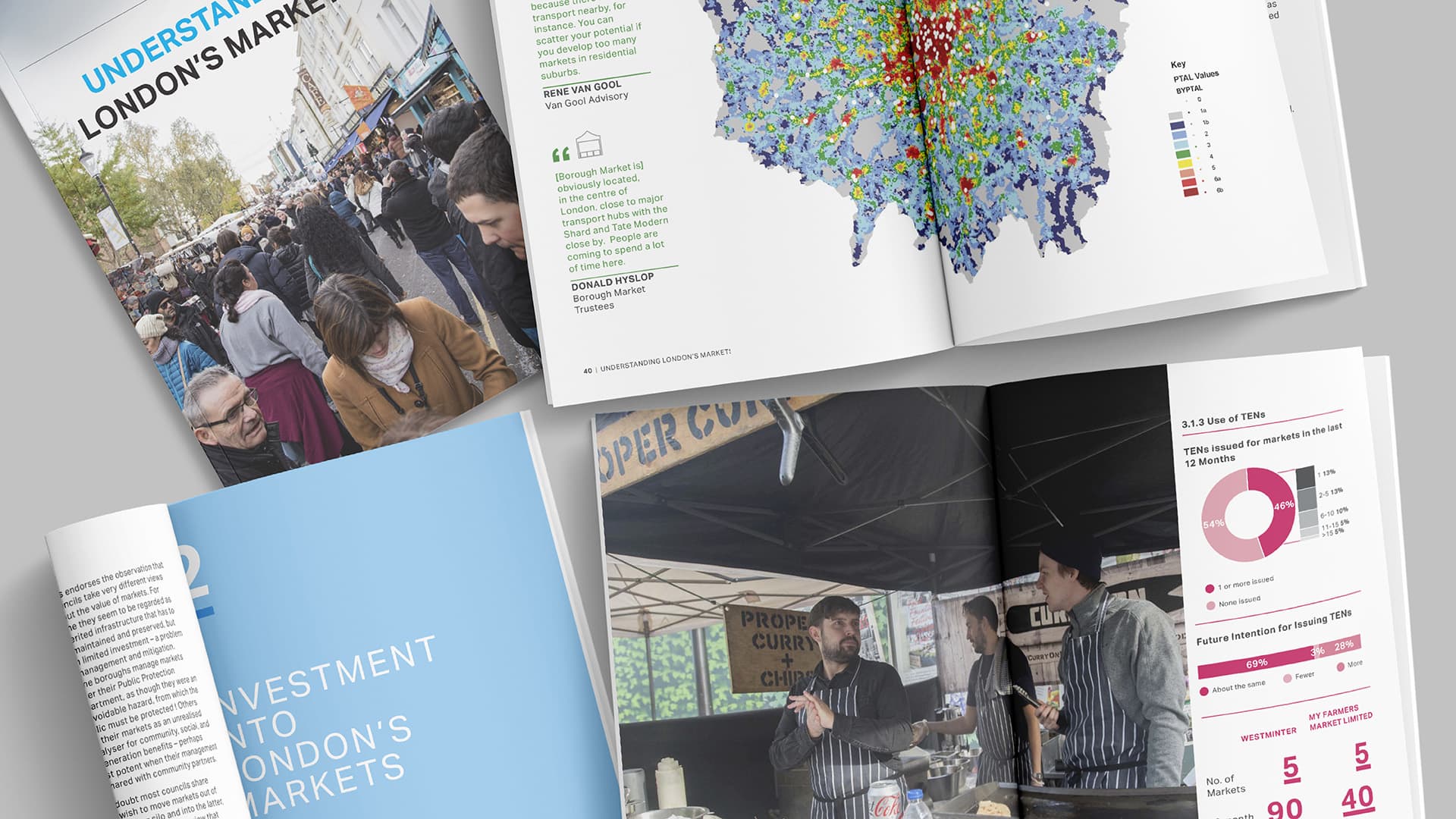 A photograph of overlapping brochures displaying GLA Understanding London's Markets Report Cover and Map Graphic