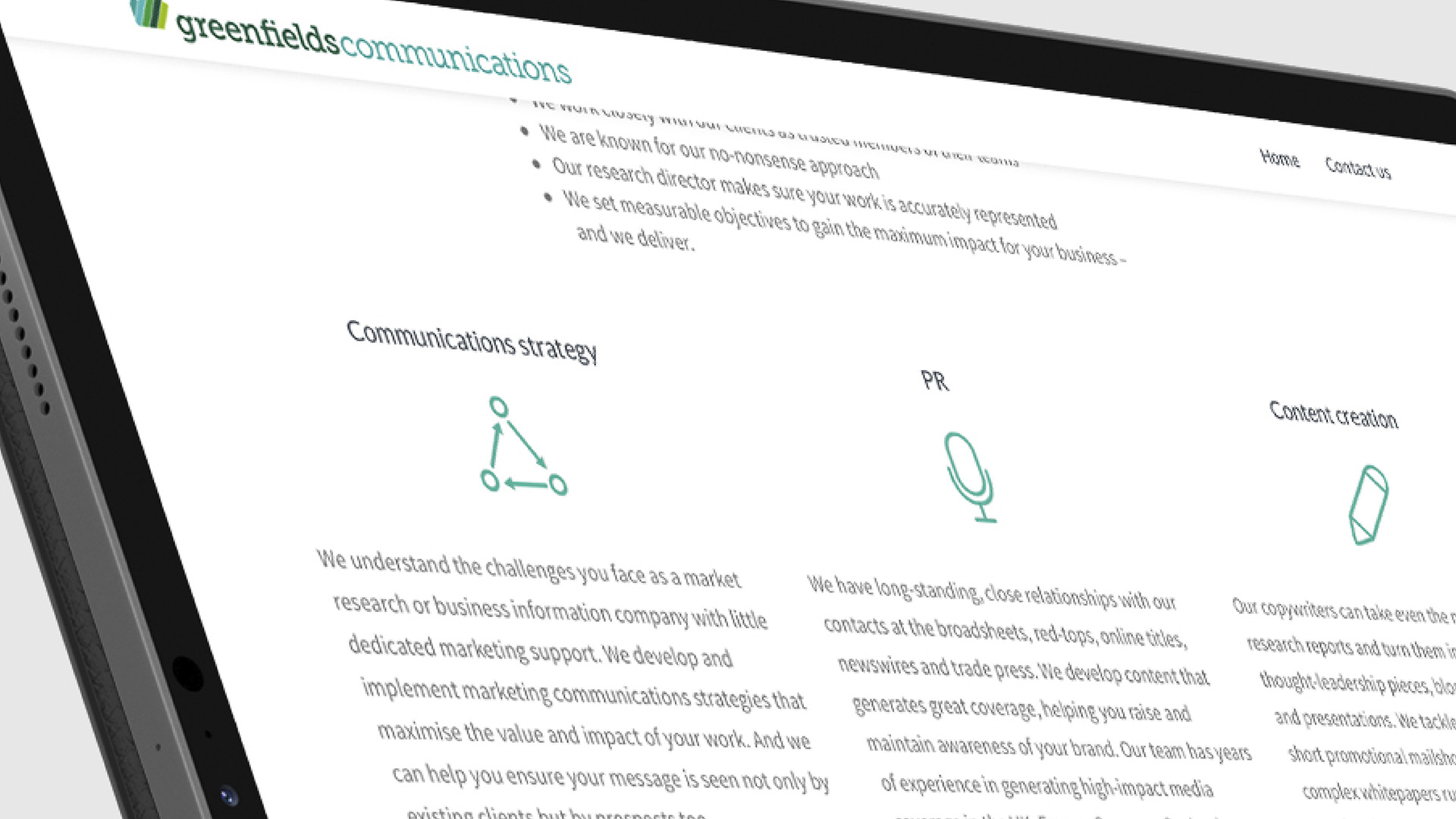 A section of the Greenfields Communications Website showing the Services Icons with text