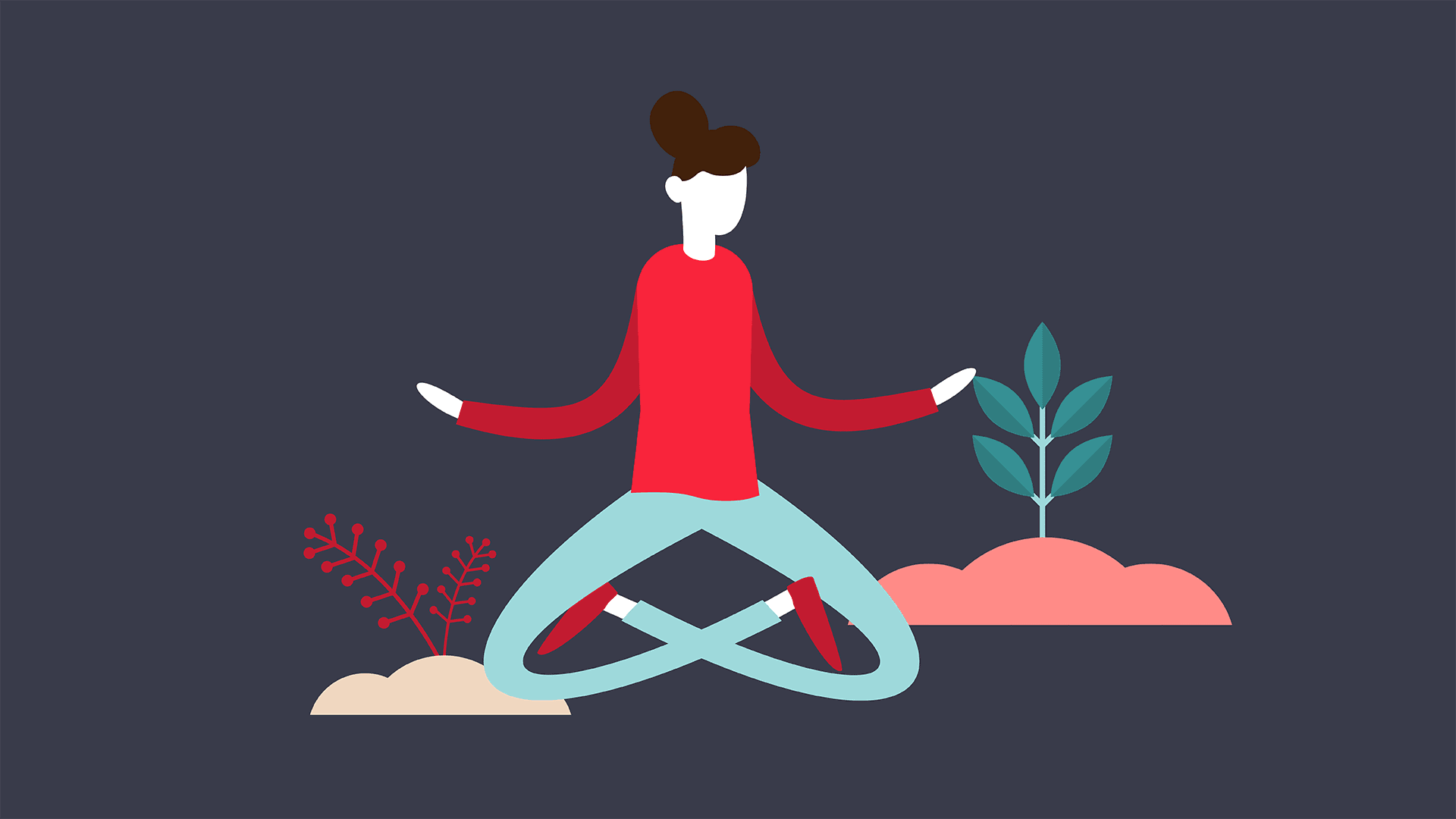 The London School of Sales LSOS Character Illustration of a woman in a yoga pose in an outdoor garden scene