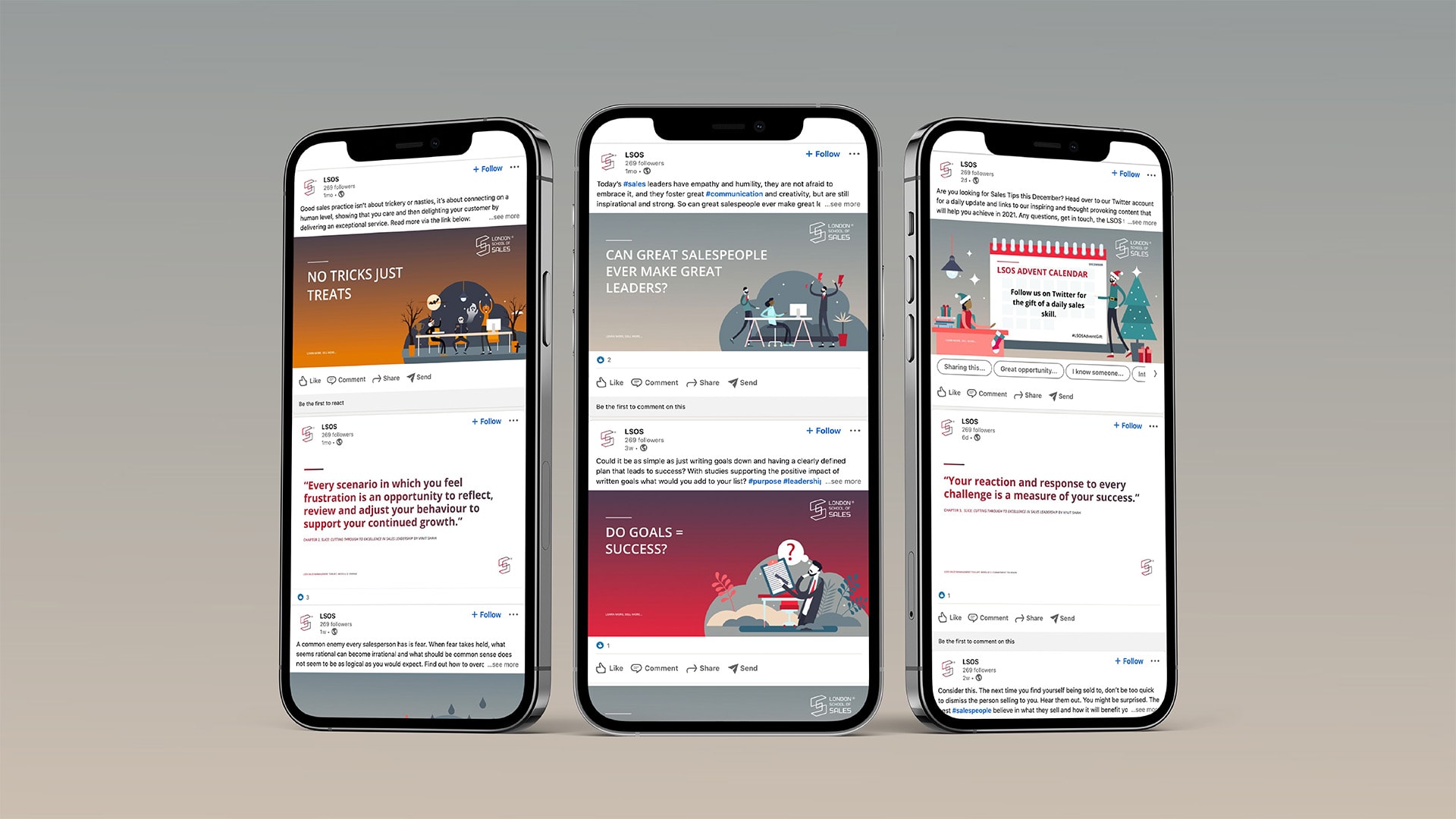 Three mobile phones against a grey background displaying different sections of the London School of Sales LSOS Website