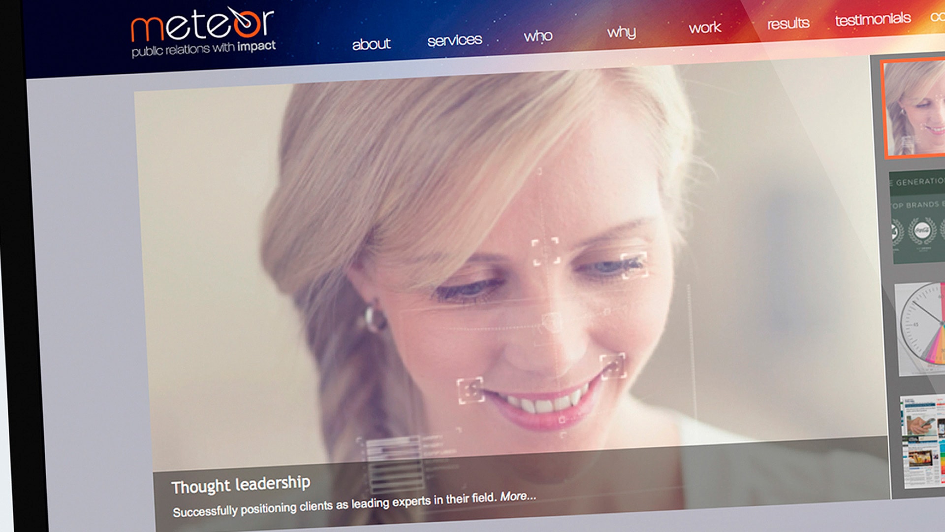 A computer screen displaying the Meteor Website Menu and homepage with an image of a woman smiling and Meteor logo displayed.