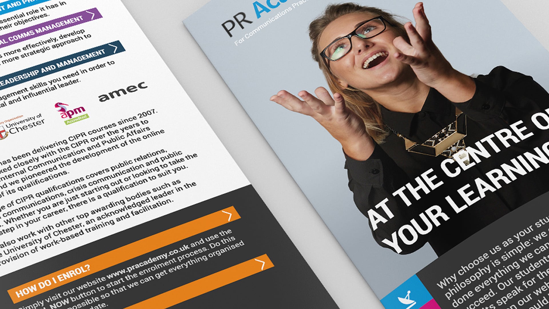 Two printed PR Academy Courses Brochures side by side on a grey surface