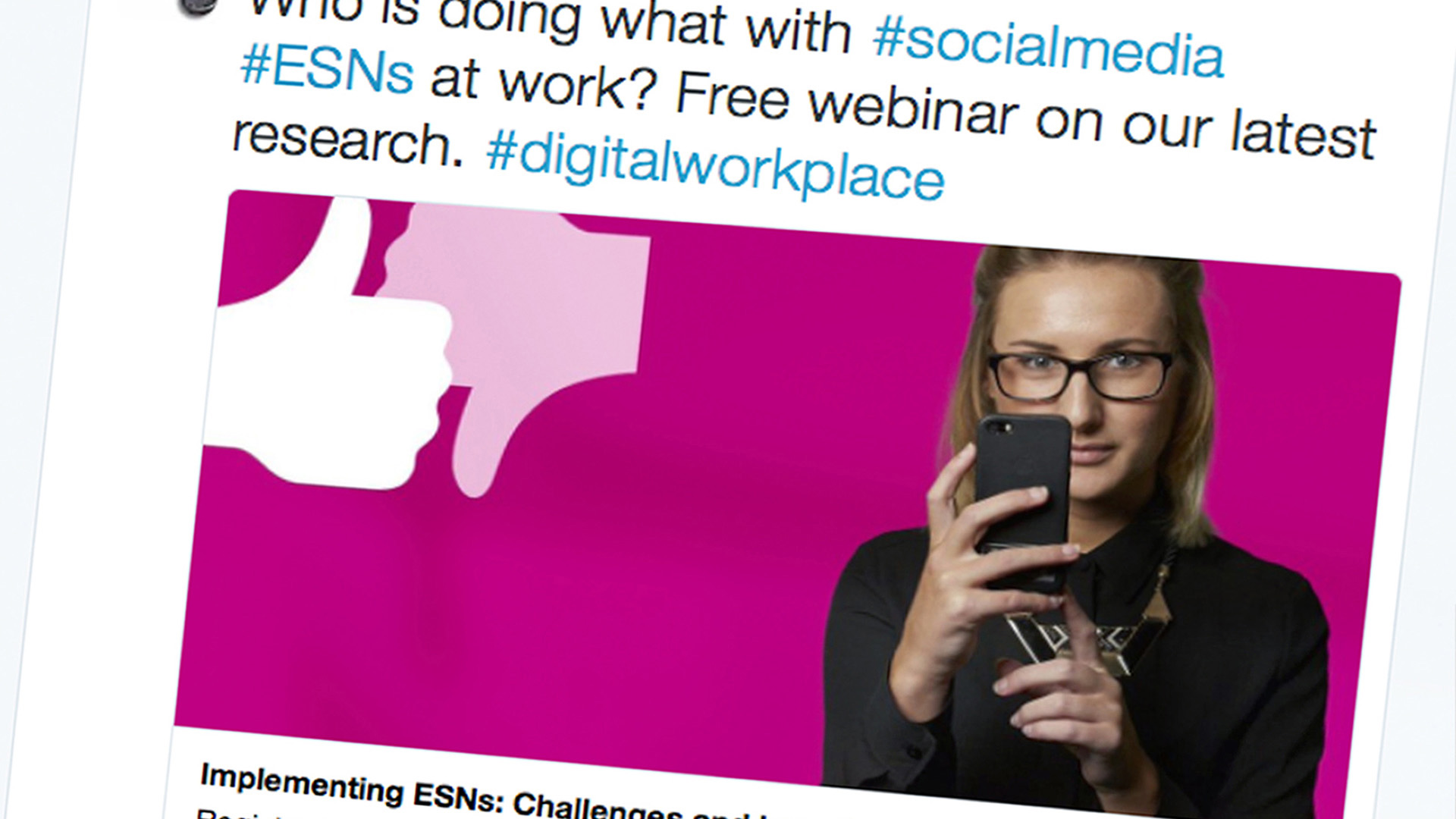 A close-up section of a PR Academy Social Media Webinar Twitter Post with a photograph of a woman and a pink background.