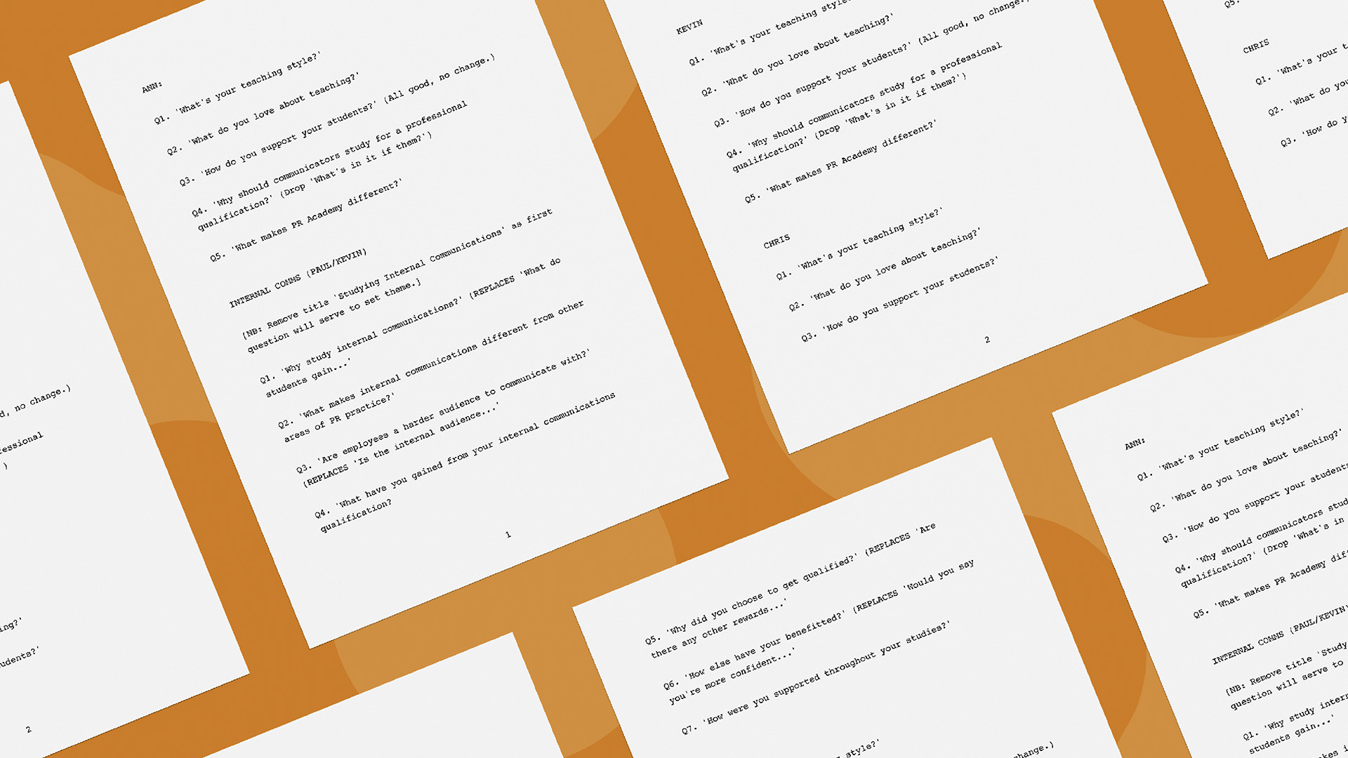 Pages of A4 paper on an orange surface of the PR Academy Video Interview Questions