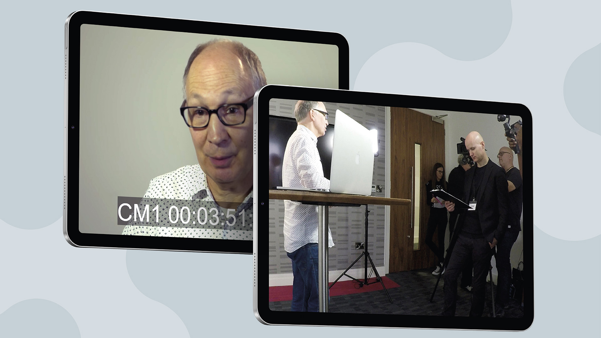 Two electronic tablets displaying stills from the Kevin Ruck Interview for the PR Academy Video