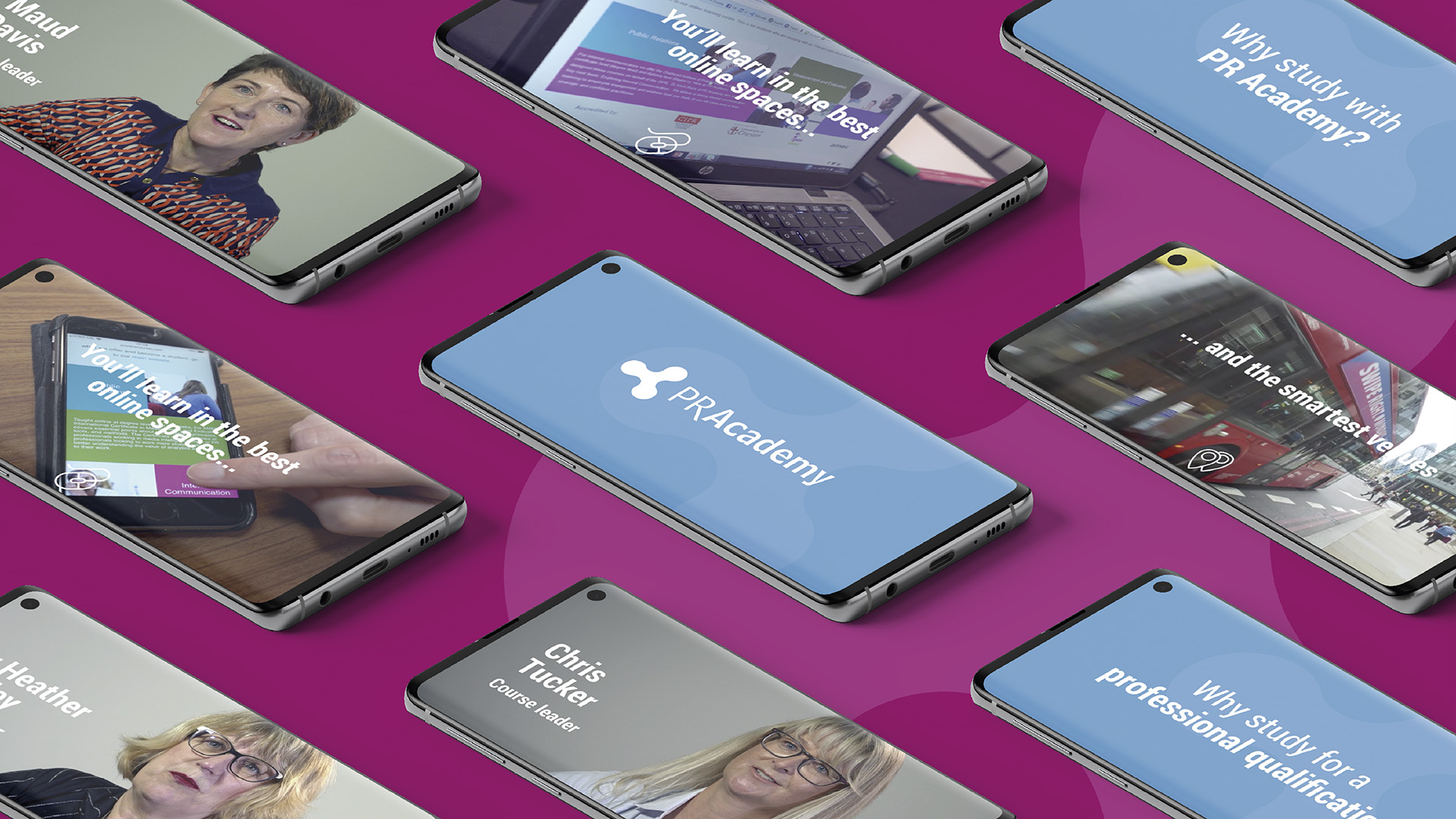 A number of mobile phones on a purple surface displaying the PR Academy Video stills and graphics