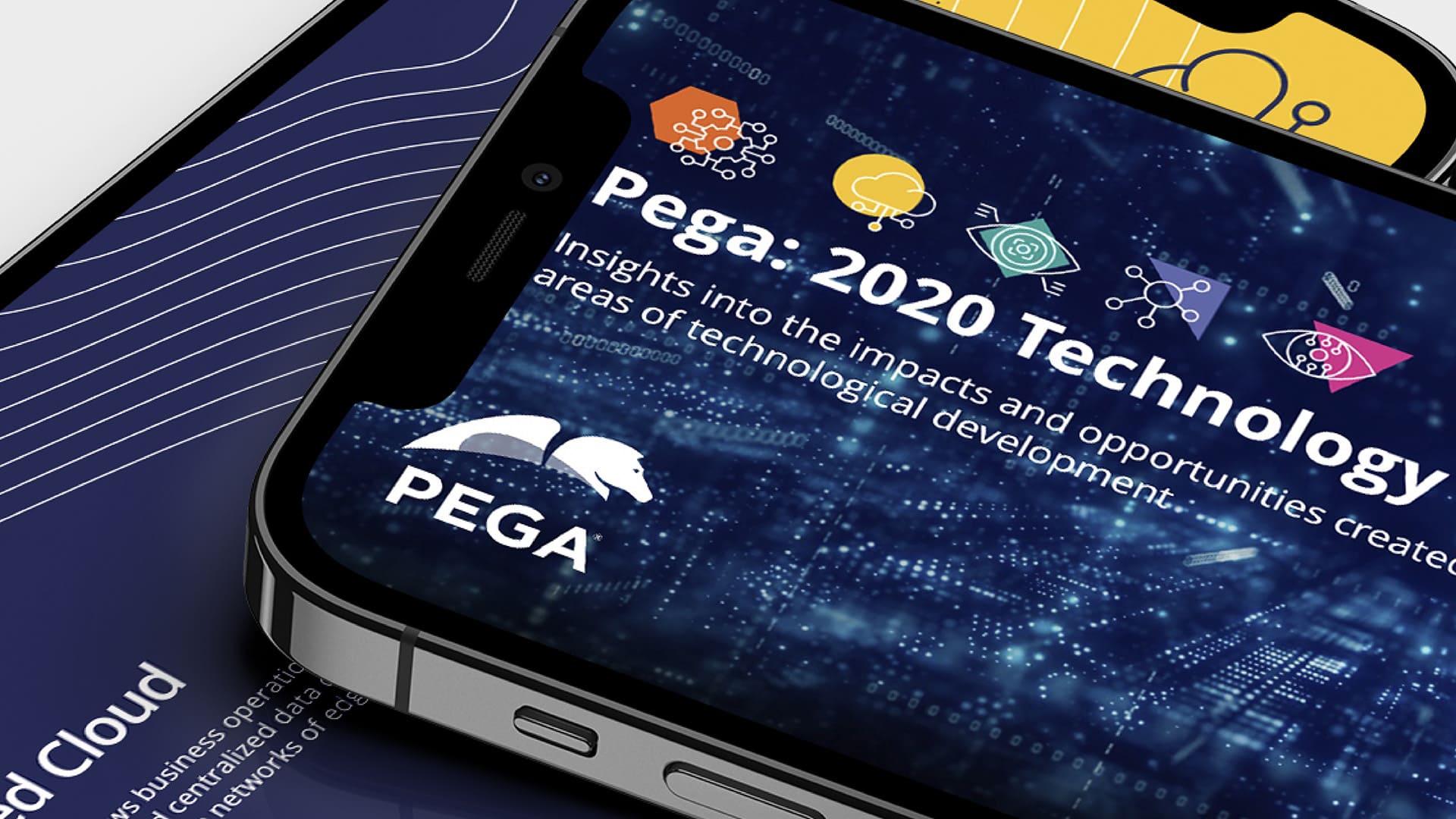 Two mobile phones displaying the Pega Tech Trends 2020 Report Cover