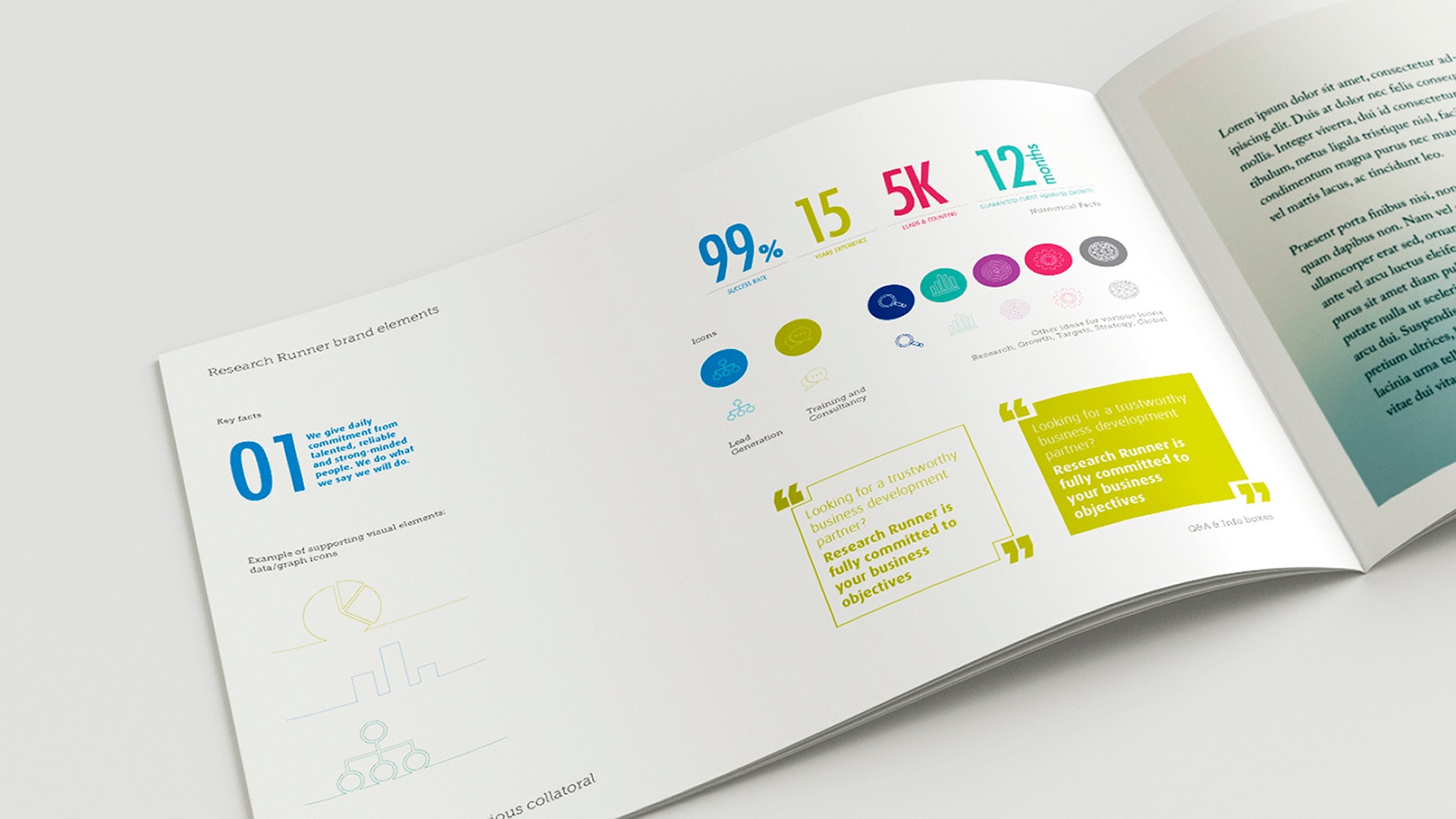 A photo of an open page of the Research Runner Brand Guidelines Core Elements booklet with colourful infographic on a smooth grey surface