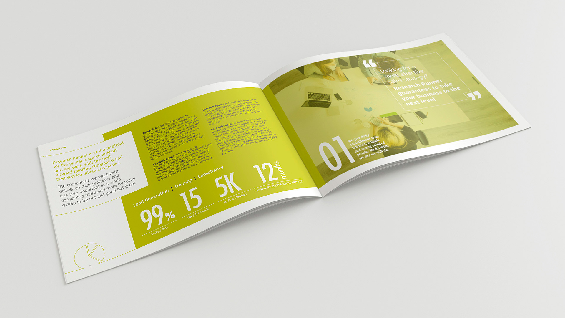 A photo of an open page of the Research Runner Creds Document printed booklet with green infographic on a smooth grey surface