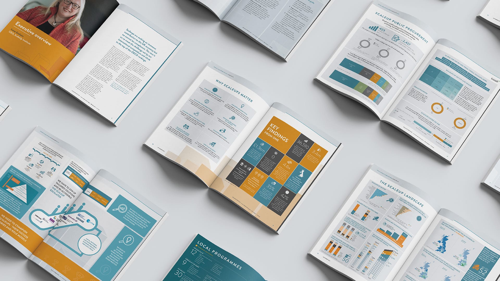 A selection of open brochures displaying the ScaleUp Institute Annual Review Pages