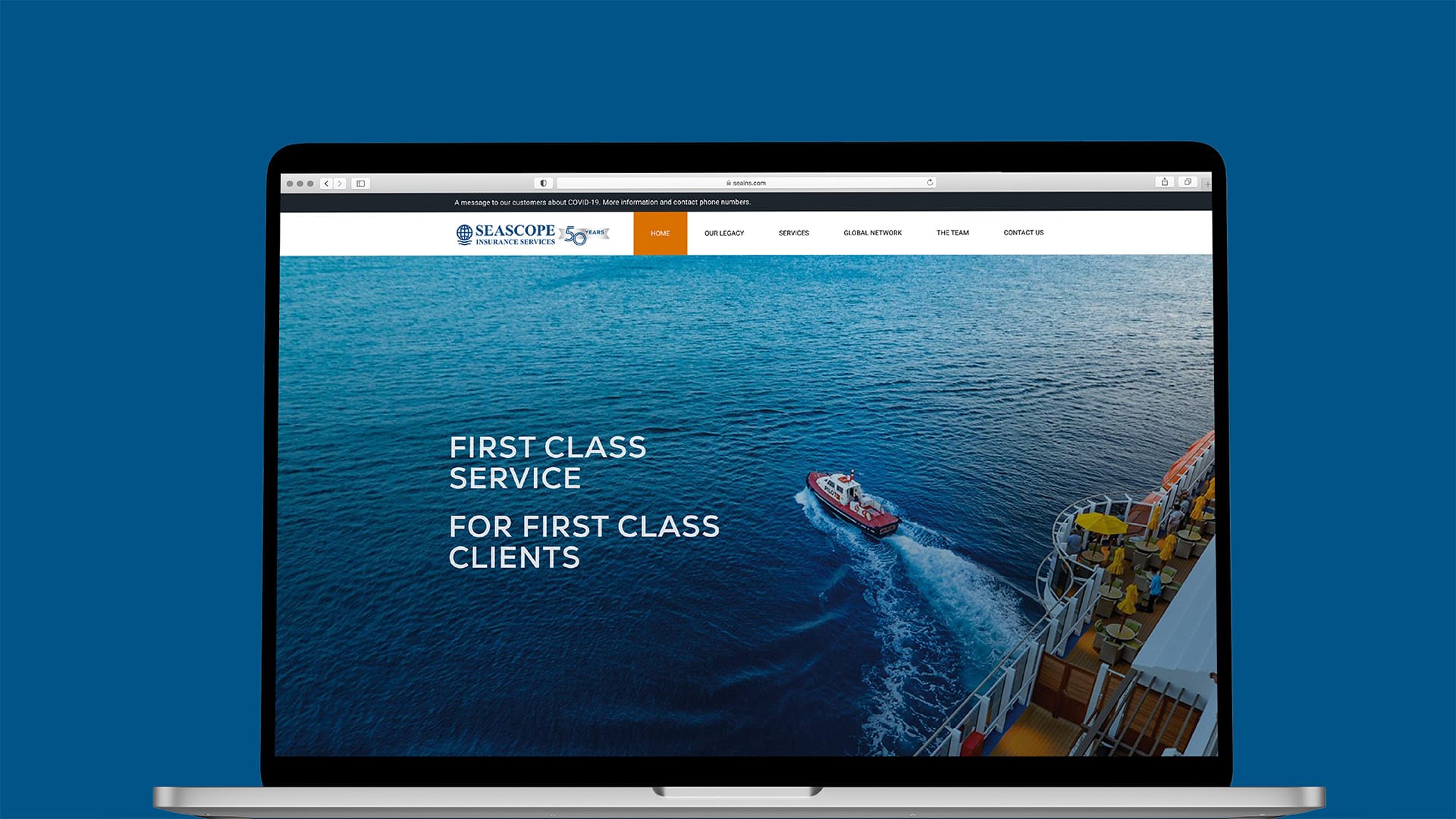 An image of an open laptop displaying the Seascope Maritime Insurance Website Homepage