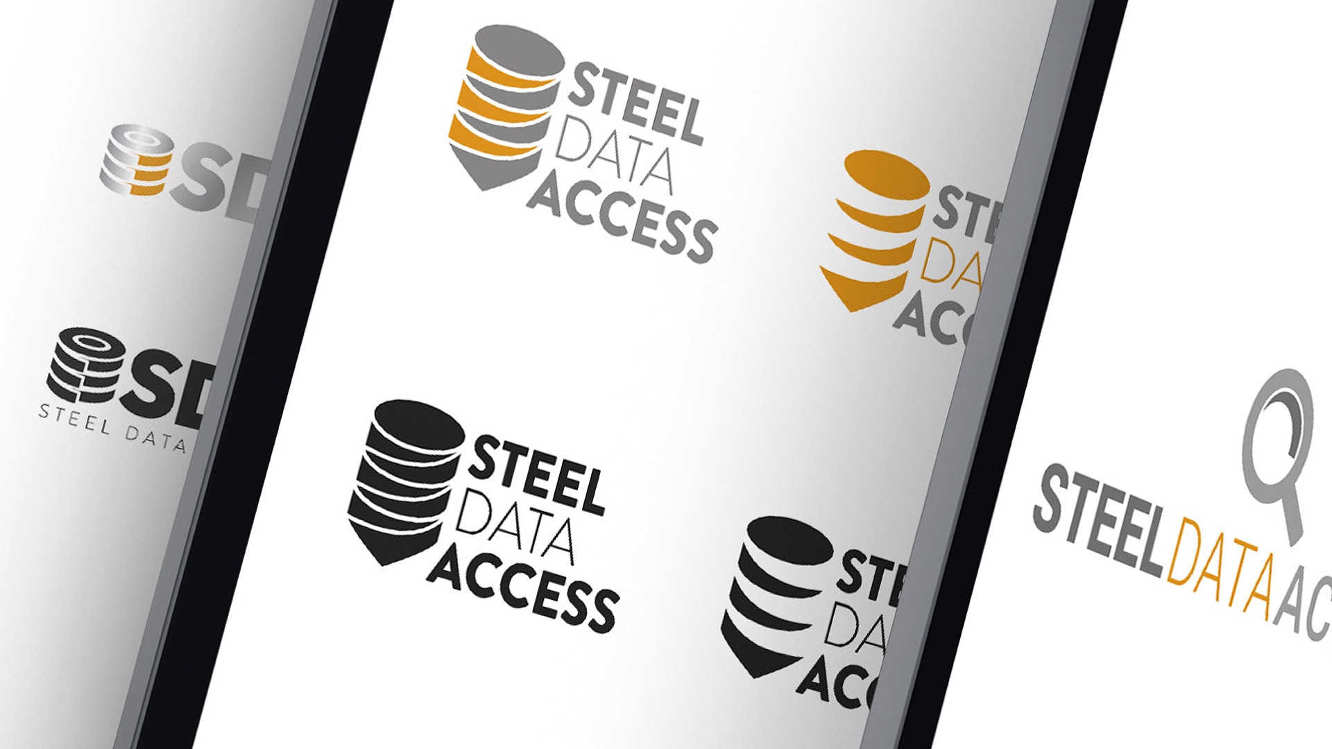 A close-up of a mobile phone displaying the Steel Data Access logo designs.