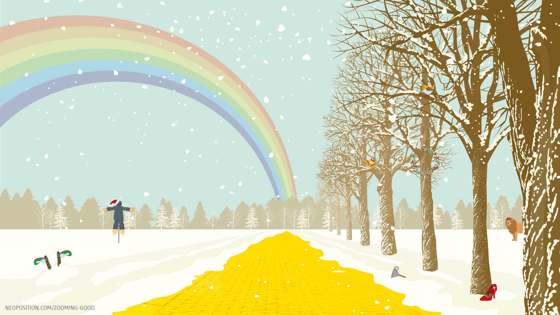 An Illustration of a snow scene with rainbow, yellow brick road and Wizard of Oz style characters for the Festive Fairytale Inspired Zoom Background Designs