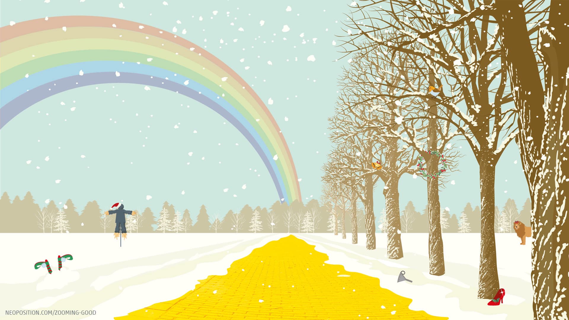 NEO Blog Article Illustration Festive Fairytale Inspired Zoom Background Designs An Illustration of a snow scene with rainbow, yellow brick road and Wizard of Oz style characters for the Festive Fairytale Inspired Zoom Background Designs