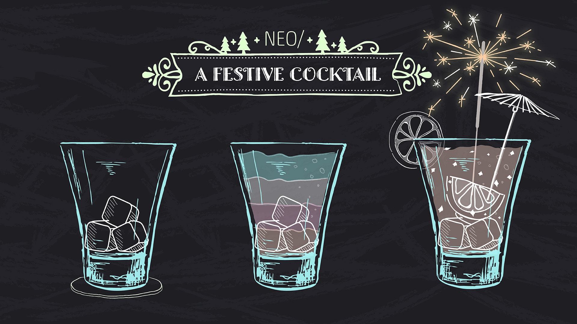NEO Blog Article Illustration of a Festive Cocktail with ingredients inside three glasses in various stages of creation.