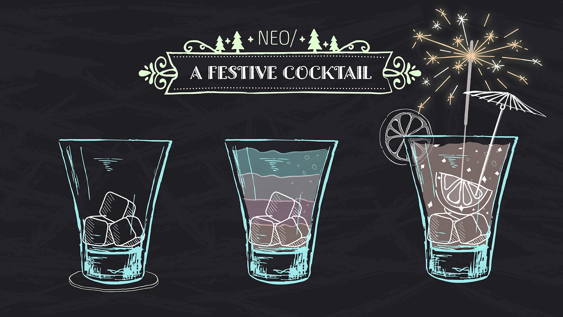 NEO Blog Article Illustration Festive Cocktail Recipe Ingredients NEO Blog Article Illustration of a Festive Cocktail with ingredients inside three glasses in various stages of creation.