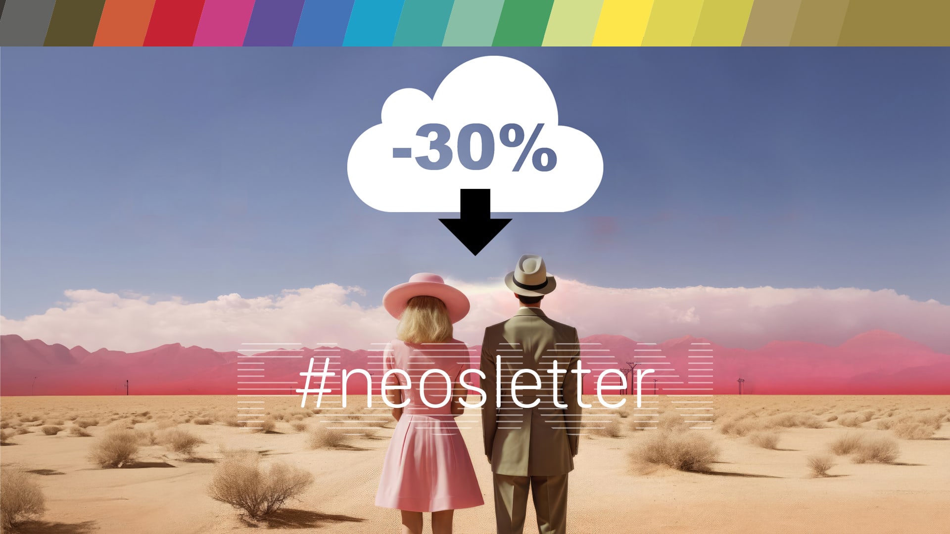 This surreal picture combines different subjects covered in the newsletter. It shows Barbie and Oppenheimer stood side by side facing away from the camera towards a horizon. Above them is a blue sky and an animated cloud containing a 30% discount sign.