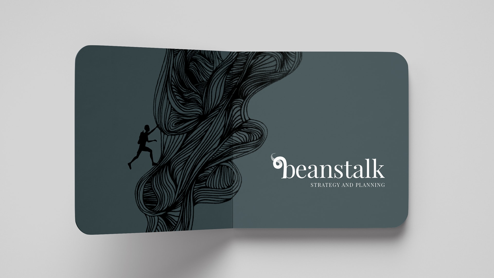 An image of an inside book cover design for a brand called Beanstalk. The design shows an illustration of a beanstalk being climbed by a man and displays the company logo