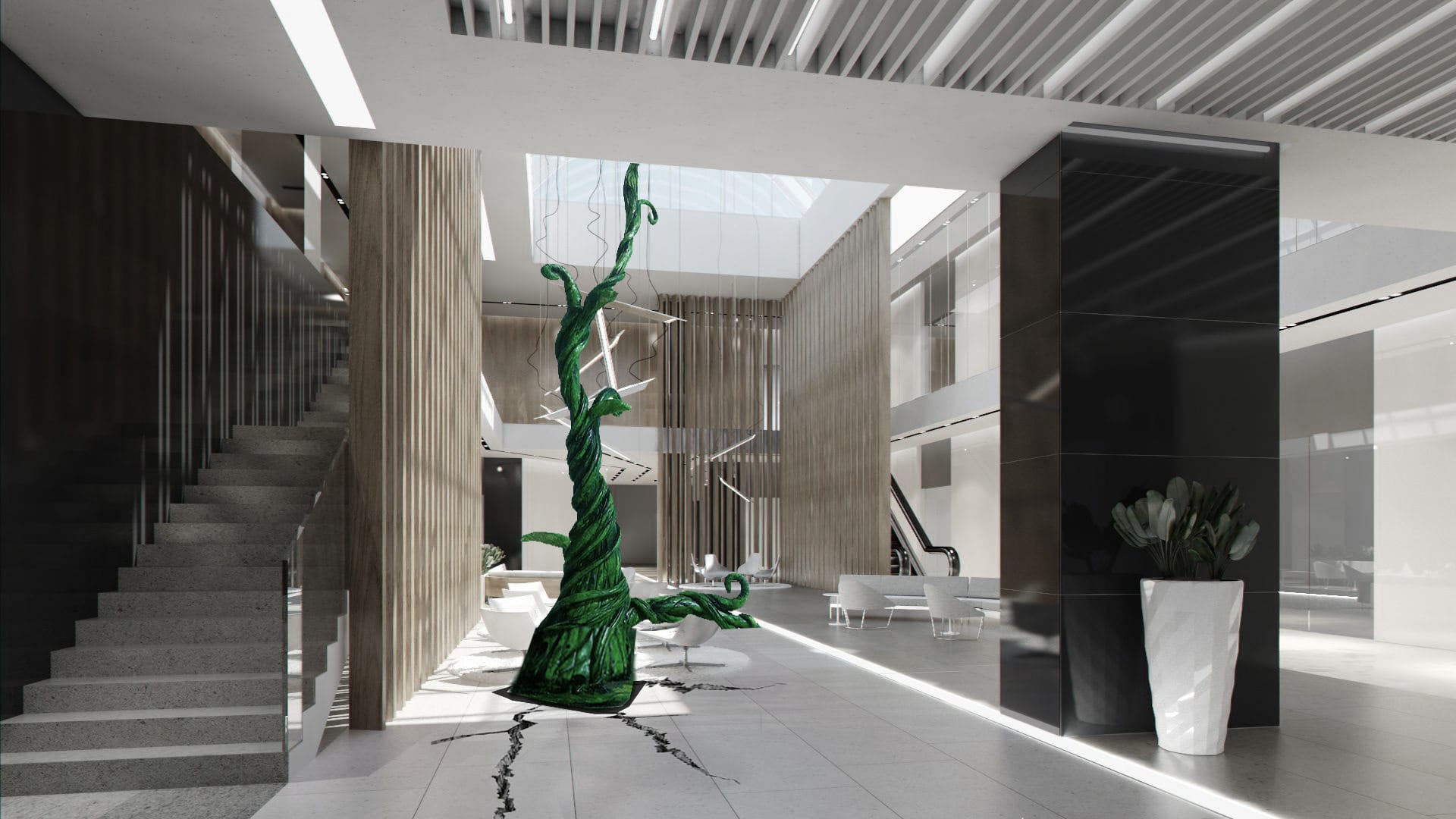An image of a beanstalk growing through the floor of a corporate looking office