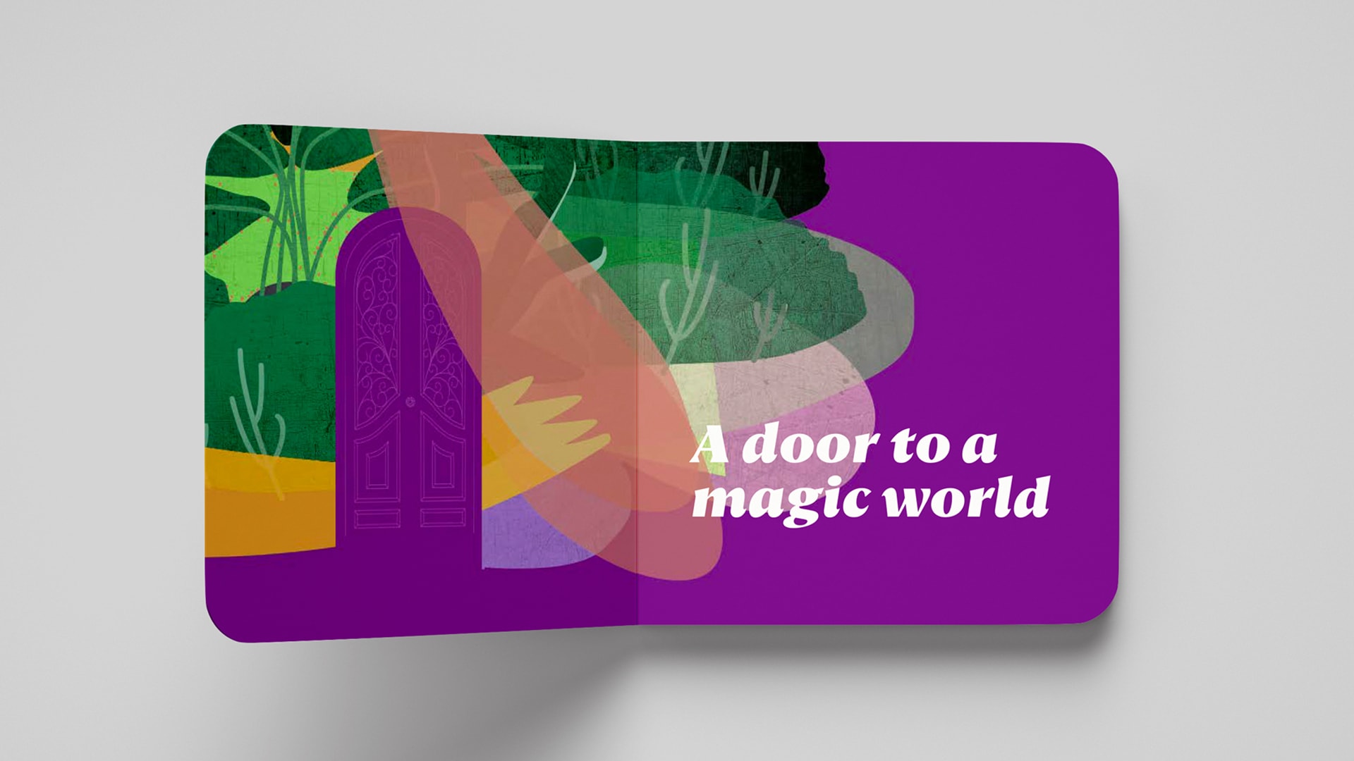 An image of an inside book cover design displaying the Faerie branding consisting of close up of an element of the wider design, making it look like an abstract pattern. The words 'A door to a magic world' are displayed