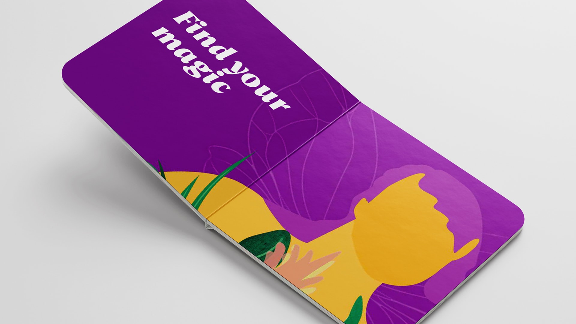 An image of an inside book cover design displaying the Faerie branding consisting of close up of the fairy's face. The words 'Find your magic' are displayed