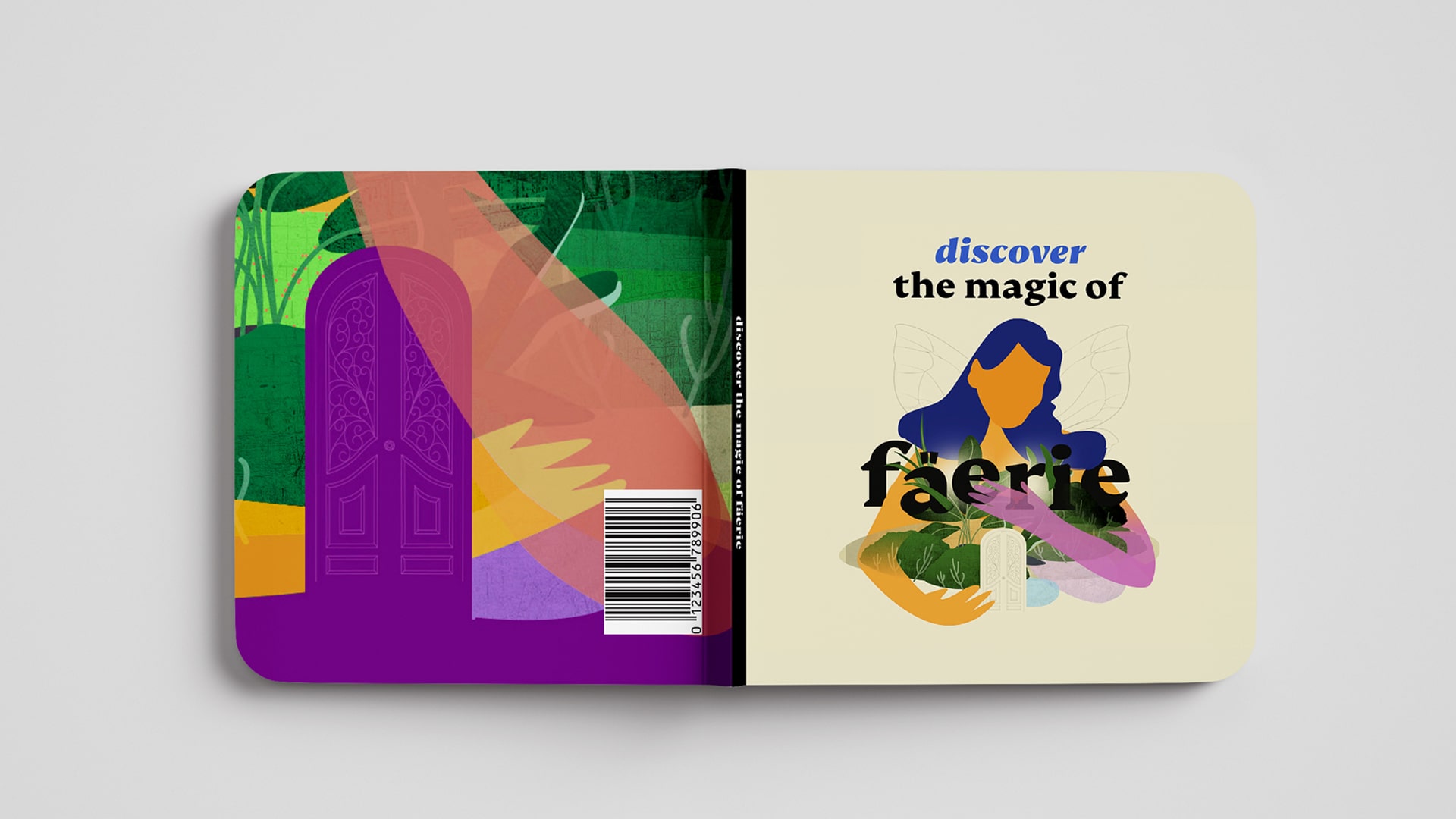 An image of a book cover design displaying the Faerie branding consisting of a fairy wrapping her arms around a natural mythical world and displaying the words 'Discover the magic of Faerie'