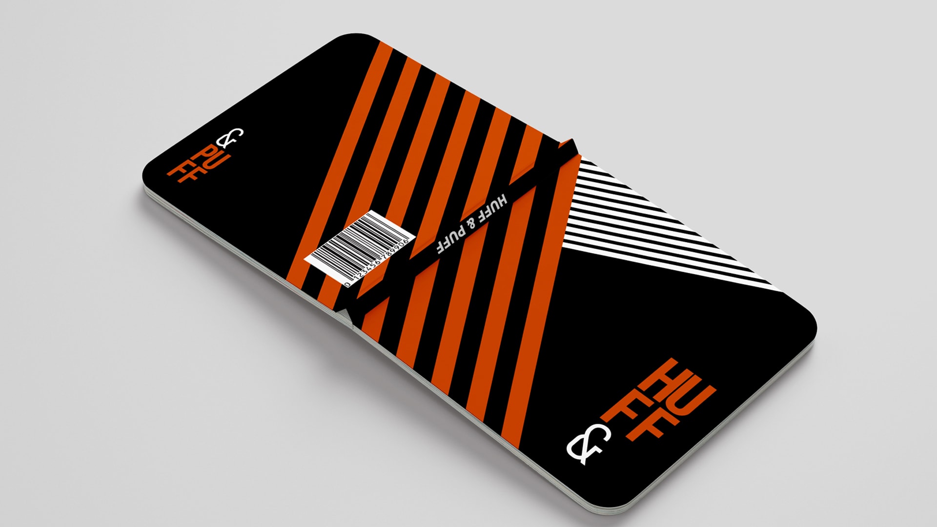 An image of a book cover design displaying the Huff and Puff B2B branding consisting of an orange and white chevron design on a black background and company logo