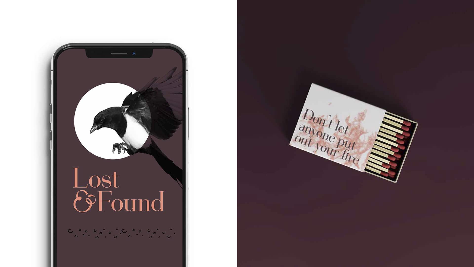An image of a mobile website design for a brand called Lost and Found. The design shows a magpie flying across the moon